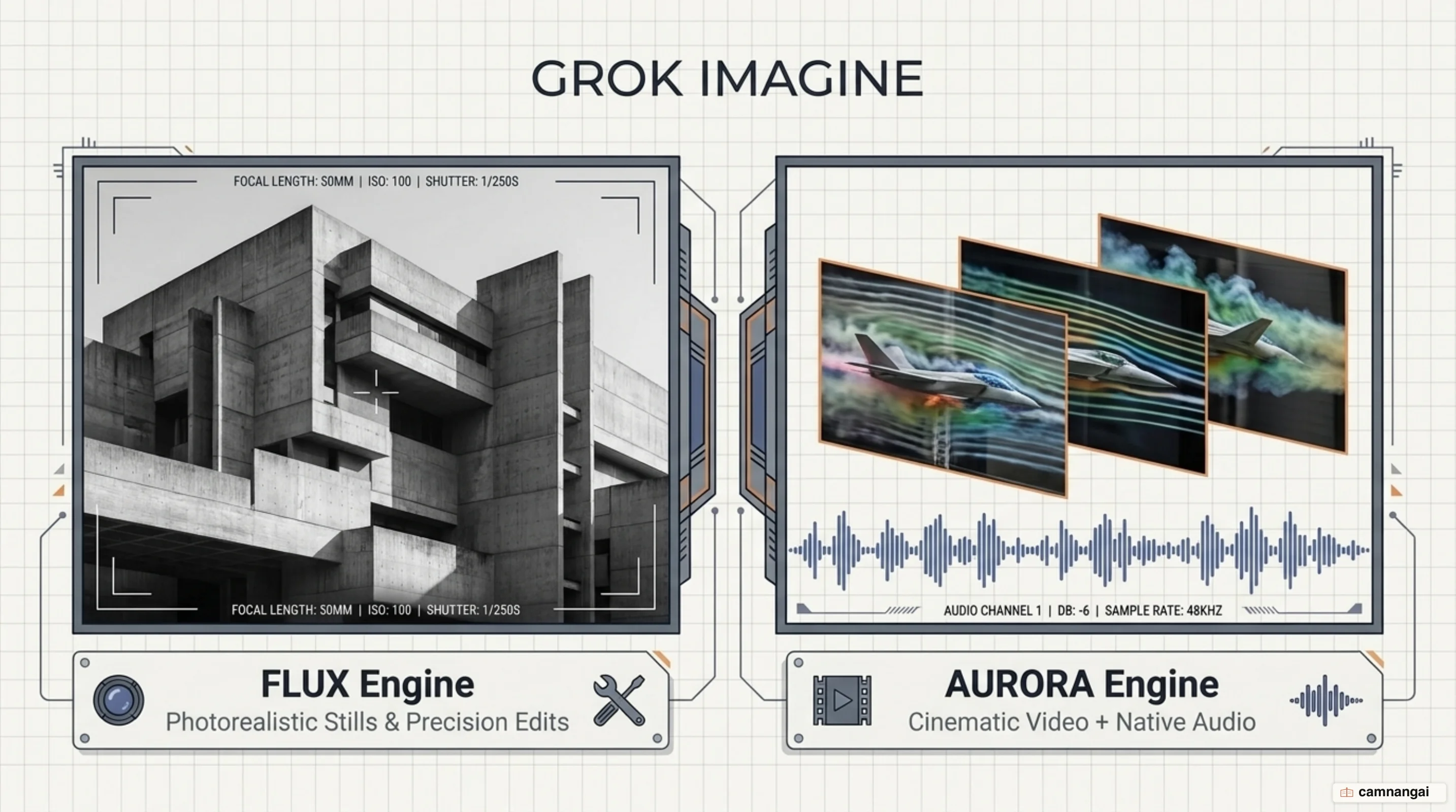Diagram of Grok Imagine's two engines: Flux for still images and Aurora for video with audio