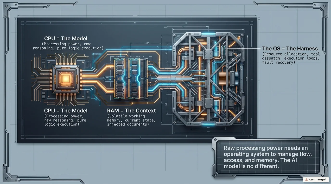Operating-system analogy: the model is the CPU, context is the RAM, and the harness is the OS managing resources, permissions and execution flow