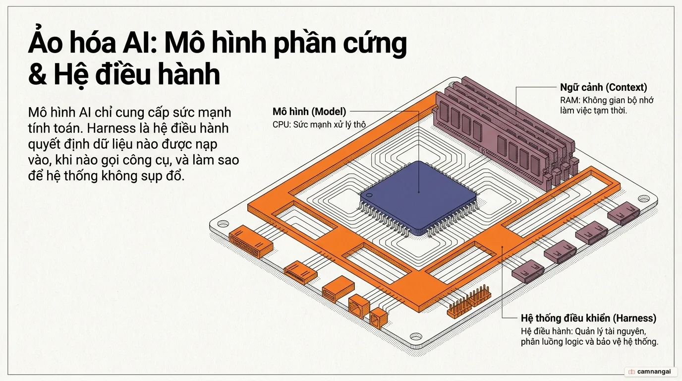 Sơ đồ ví von hệ điều hành: mô hình là CPU, ngữ cảnh là RAM, còn harness là hệ điều hành quản lý tài nguyên, quyền hạn và luồng thực thi của agent