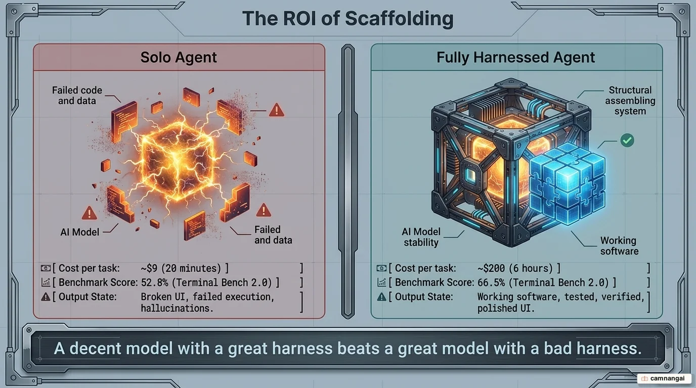 Comparison of a solo agent ($9, broken output) versus a fully harnessed agent ($200, working software), with the benchmark score rising from 52.8% to 66.5% by swapping the harness alone