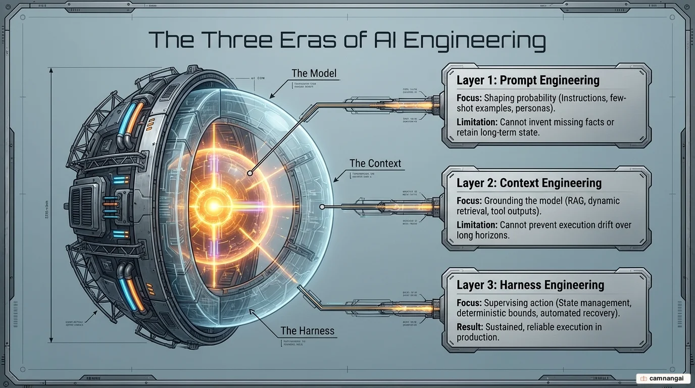 The three phases of AI engineering — prompt engineering, context engineering and harness engineering — where the harness contains and upgrades the two earlier layers into enforced execution