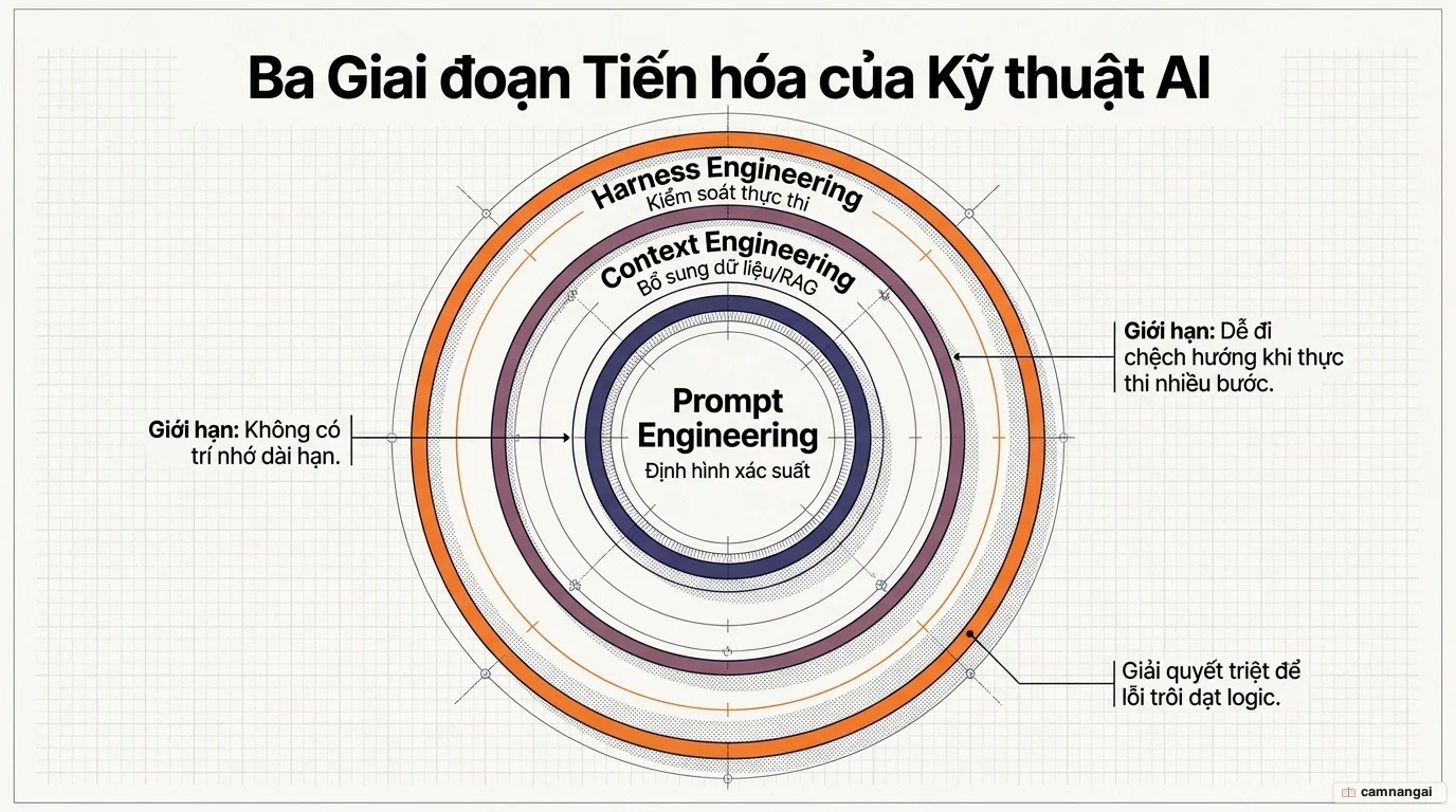 Ba giai đoạn tiến hóa của kỹ thuật AI: prompt engineering, context engineering và harness engineering, trong đó harness bao hàm và nâng cấp hai lớp trước lên mức thực thi cưỡng bức