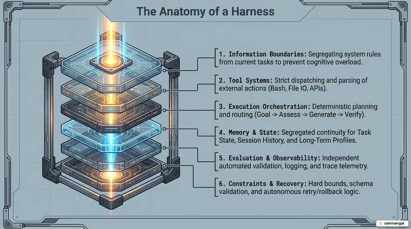The six architectural layers of a harness: information boundaries, tool systems, execution orchestration, memory/state, evaluation/observability and constraints/recovery stacked together