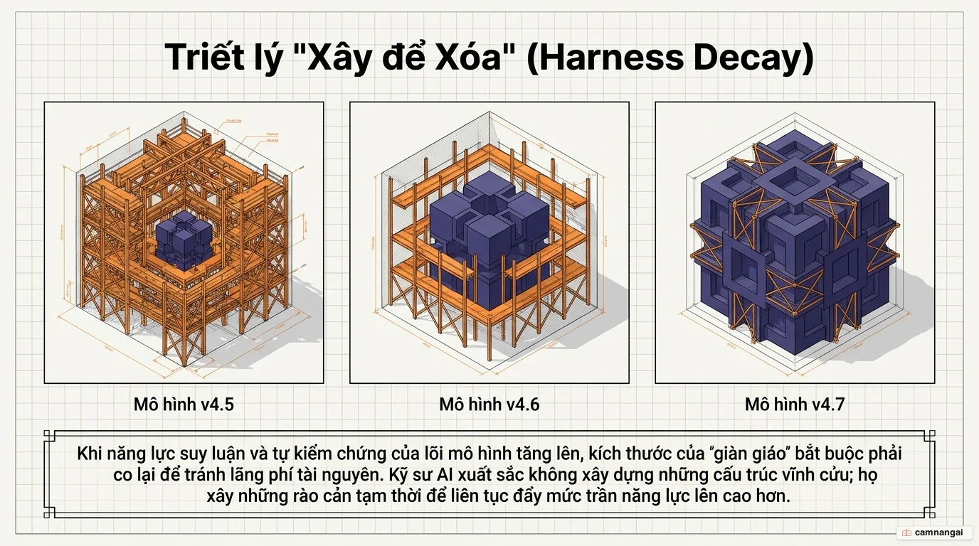 Tương lai harness engineering: lớp giàn giáo co lại dần khi mô hình mạnh lên qua các phiên bản (4.5 → 4.6 → 4.7) theo nguyên tắc "xây để xóa" (build to delete)