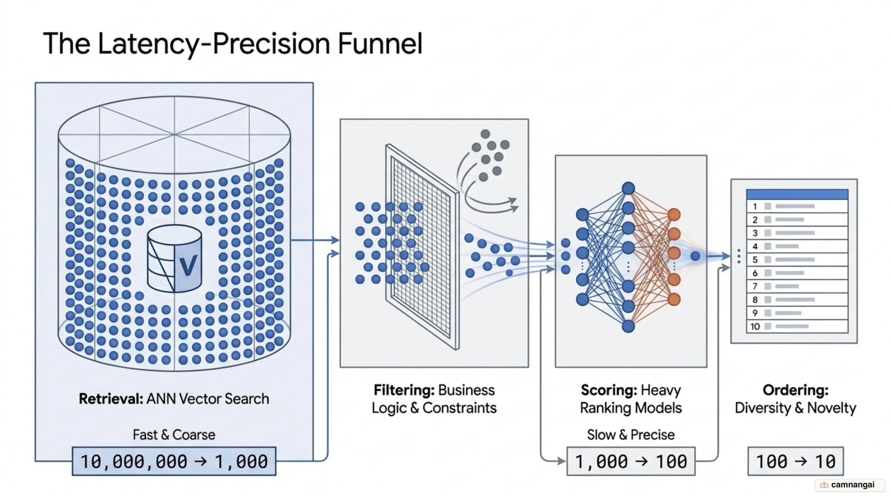 Four-stage recommendation funnel: Retrieval, Filtering, Scoring, and Ordering