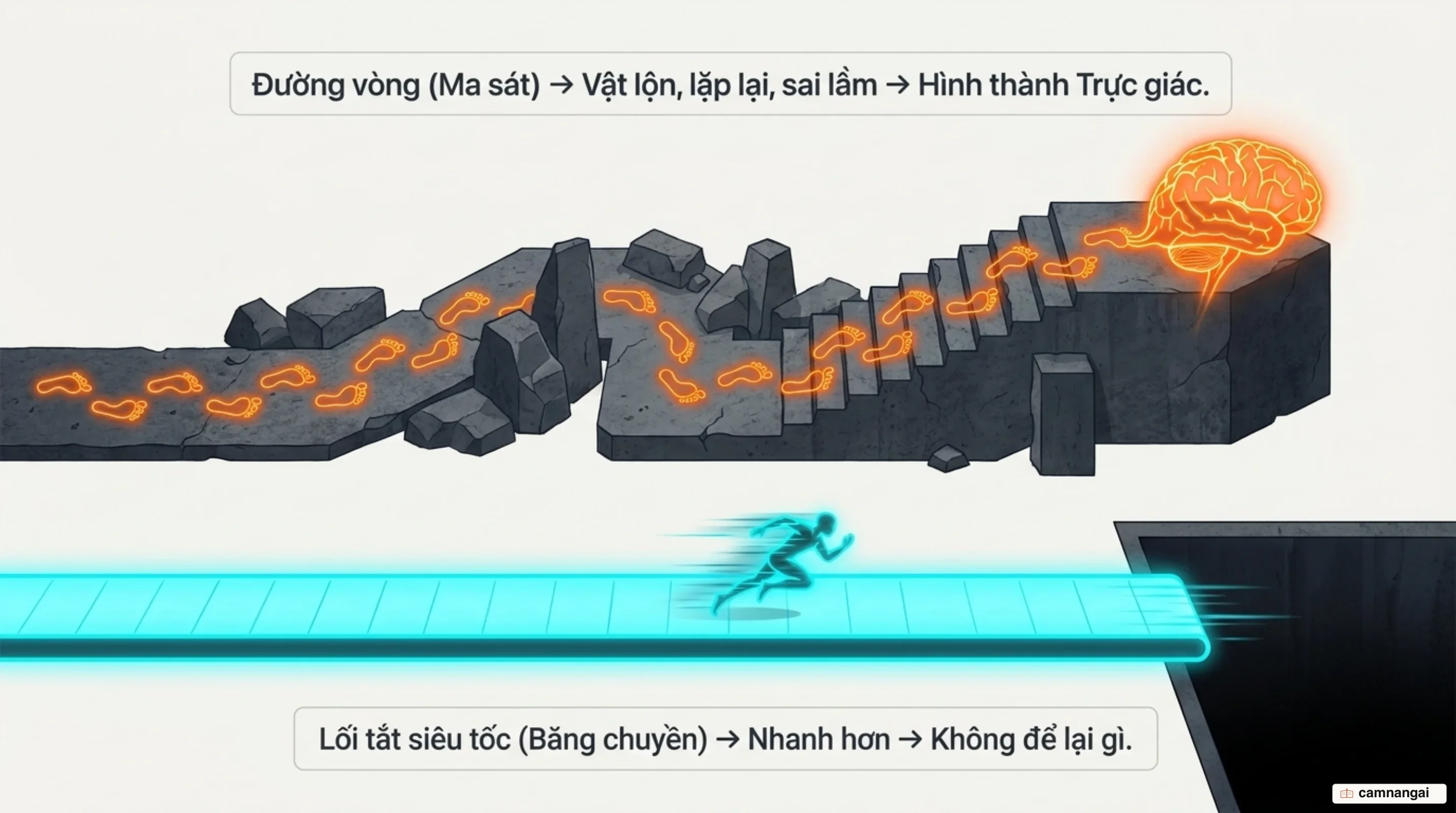 Con đường vật lộn, lặp lại và sai lầm dẫn tới trực giác nghề, đặt cạnh lối tắt nhanh hơn nhưng không để lại tay nghề nào