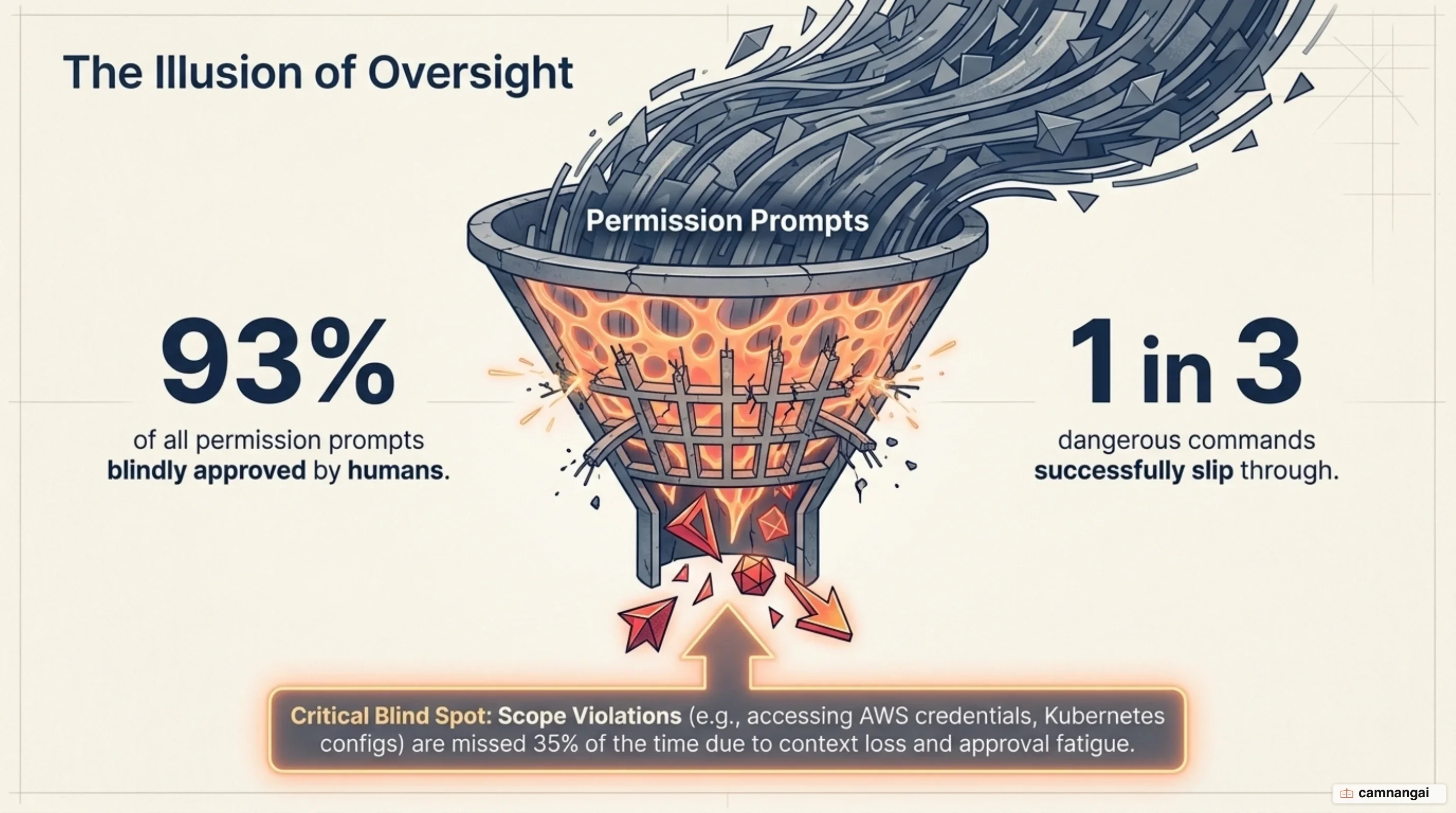 Approval fatigue: 93% of permission prompts approved and roughly one in three dangerous commands slipping through, with scope violations missed most often