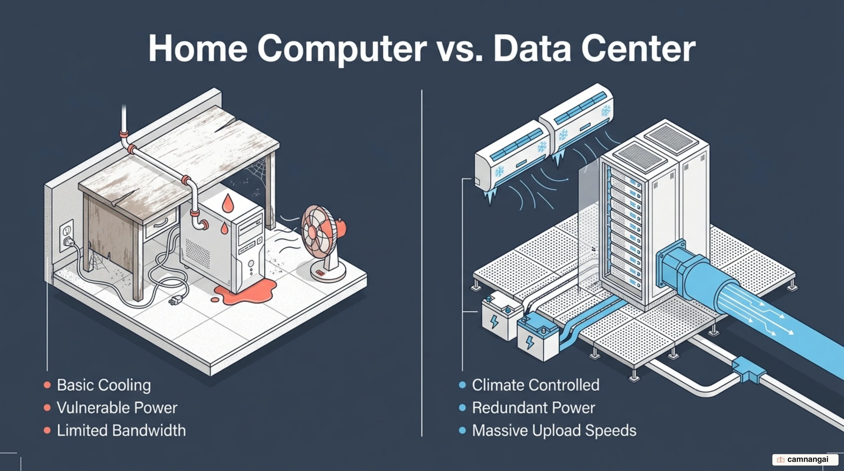 A home computer compared with a professional data center: cooling, backup power, and upload speed