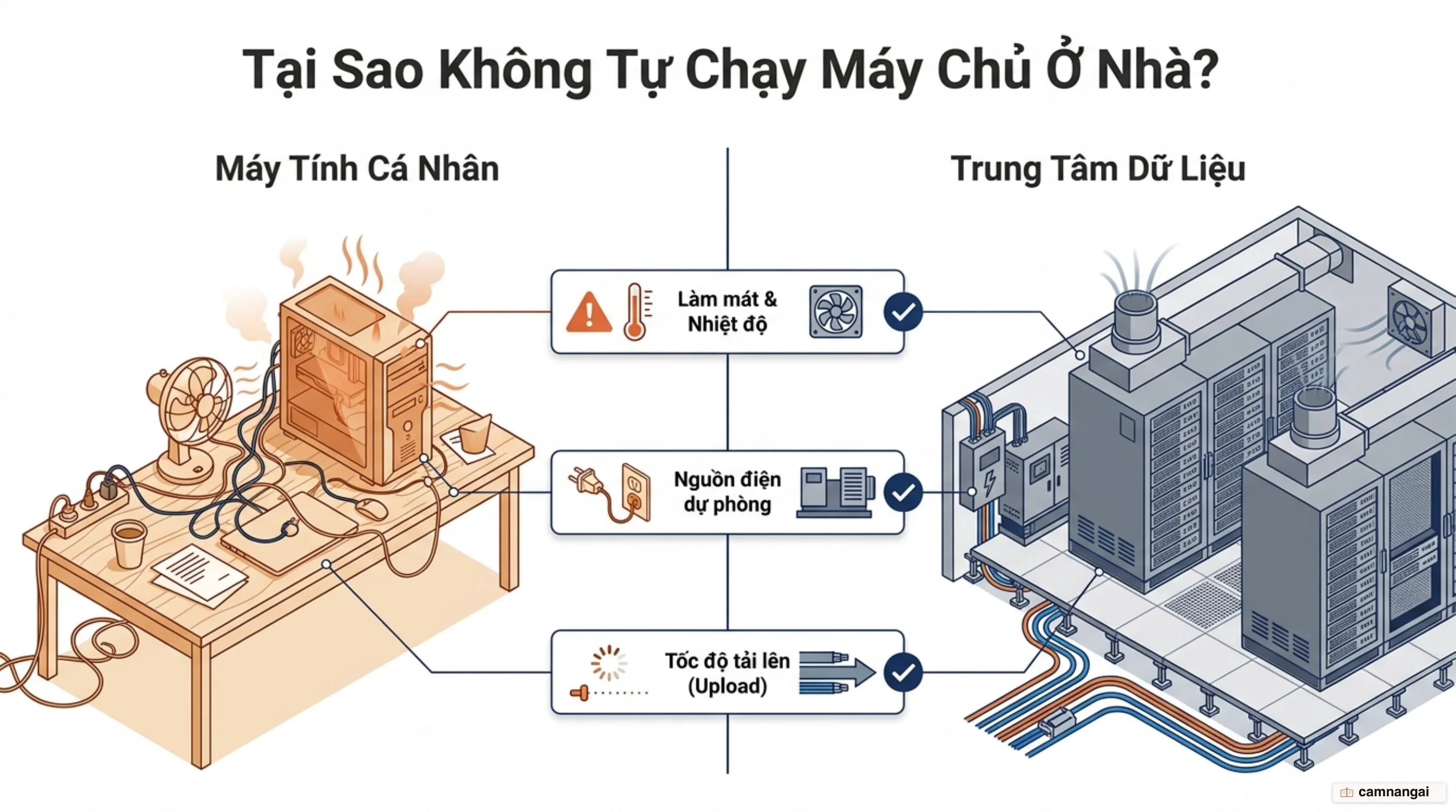 So sánh máy tính cá nhân ở nhà với trung tâm dữ liệu chuyên dụng: hệ thống làm mát, điện dự phòng và tốc độ tải lên
