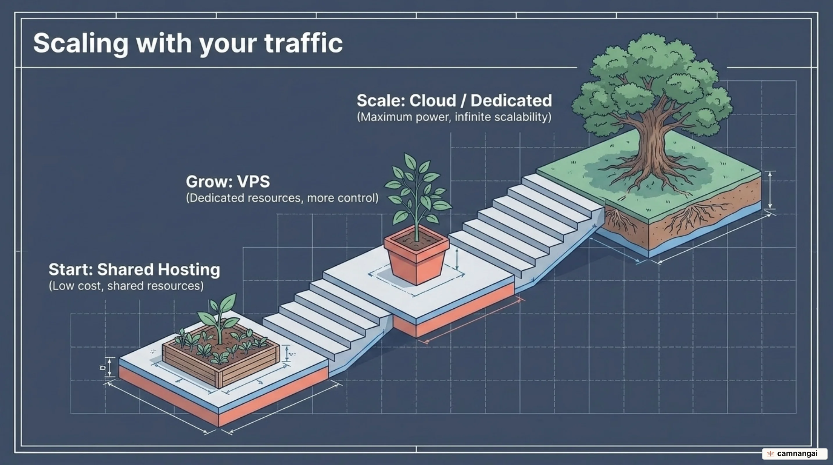 The upgrade path: start on Shared hosting, then move to VPS or Cloud as traffic grows