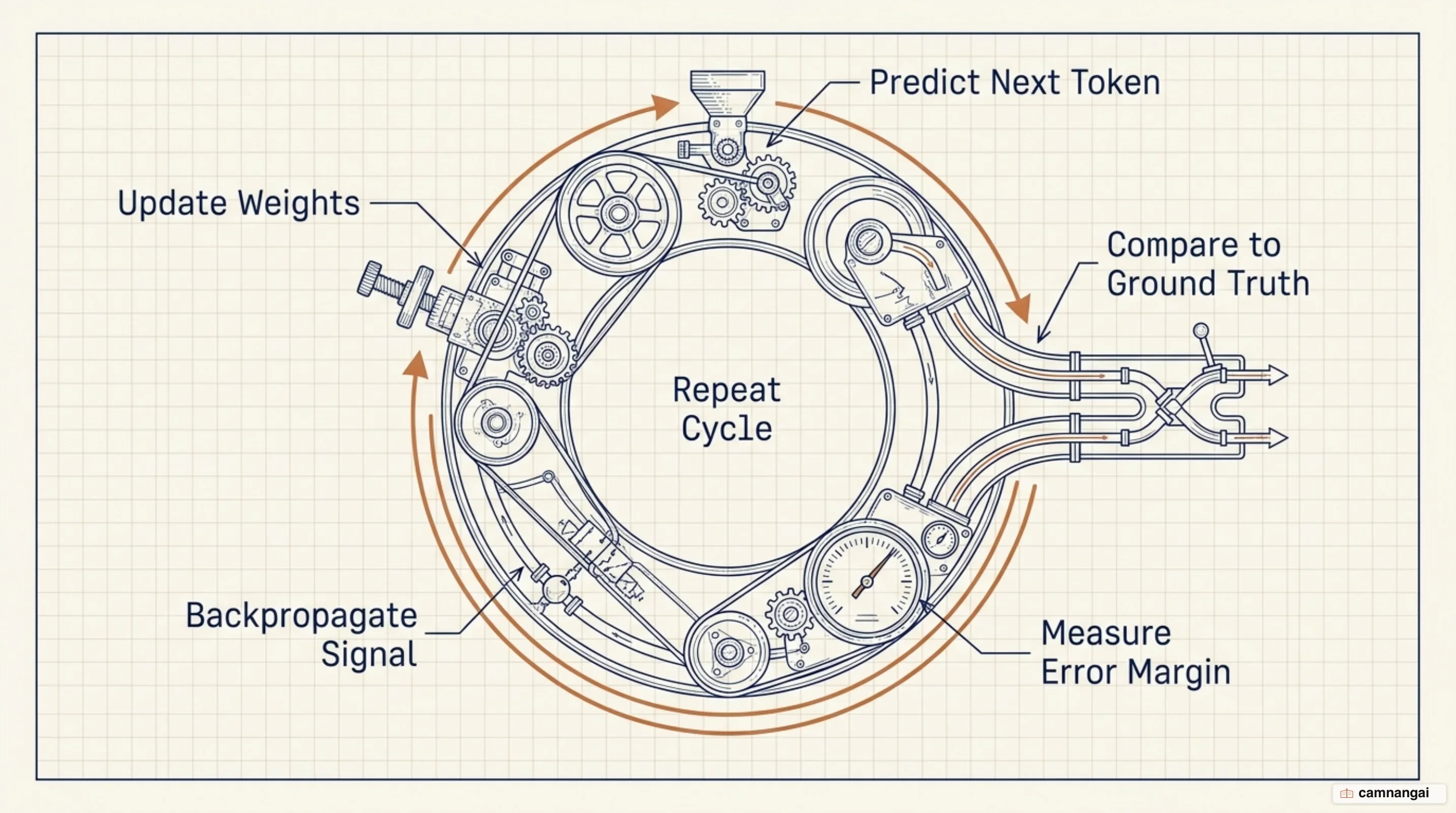 The training loop: predict the next token, compare it against the true one, measure the error, backpropagate and update the weights