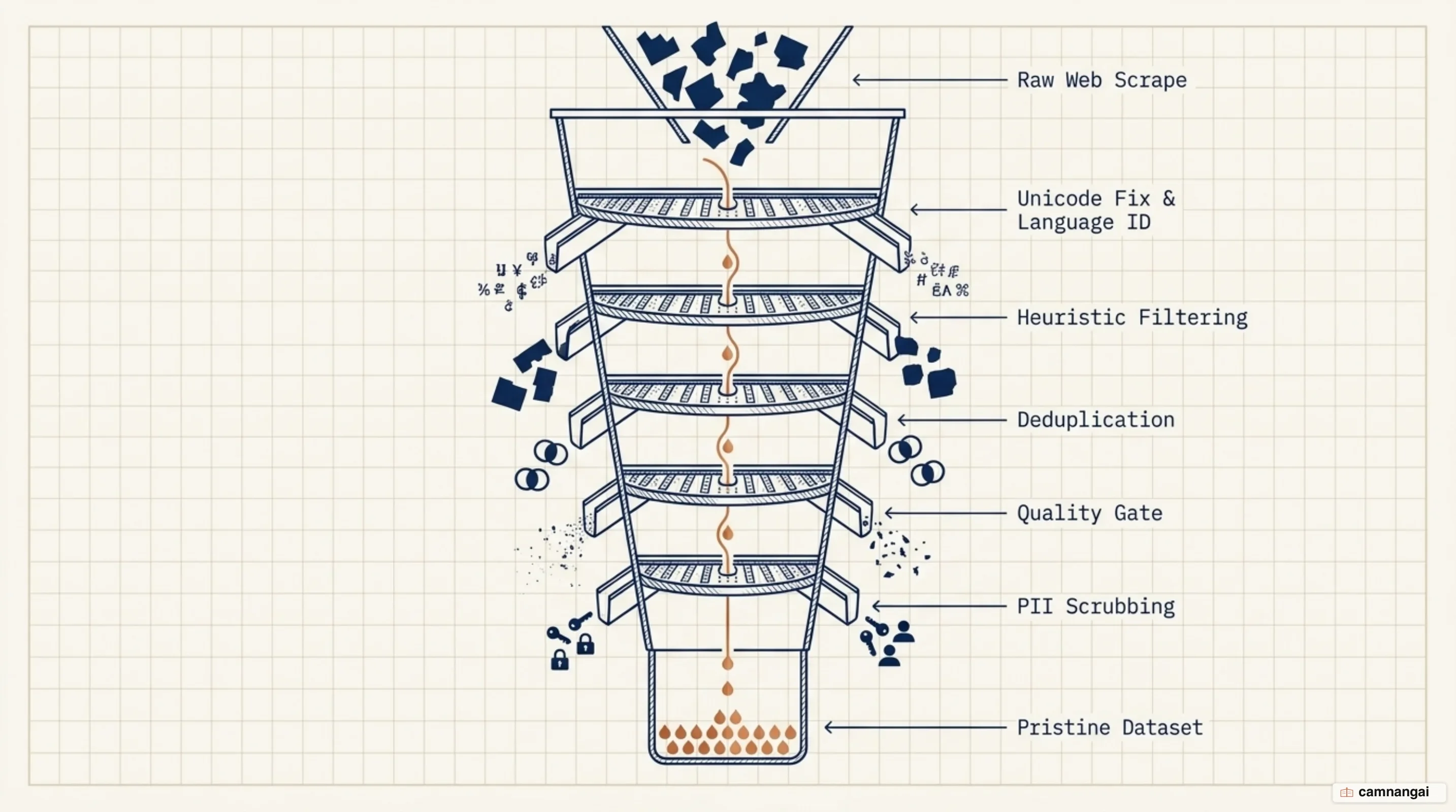 A five-station data cleaning funnel running from raw web data down to the clean corpus used for training