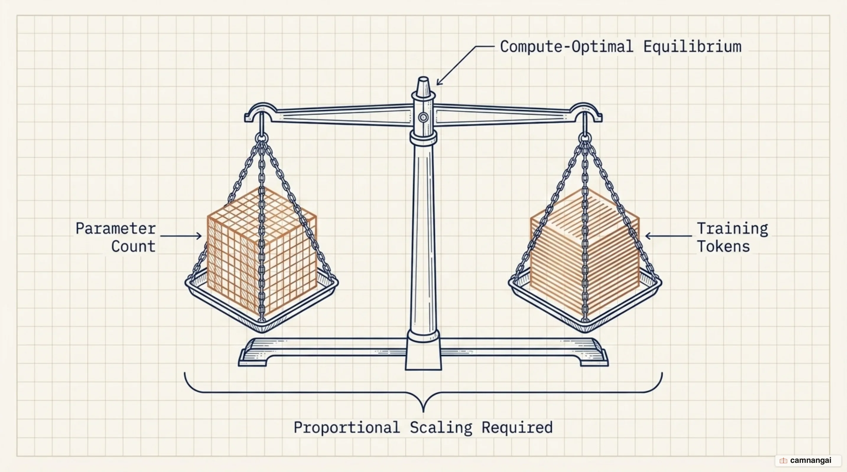 The Chinchilla balance: parameter count and training tokens scaling in step for compute-optimal training