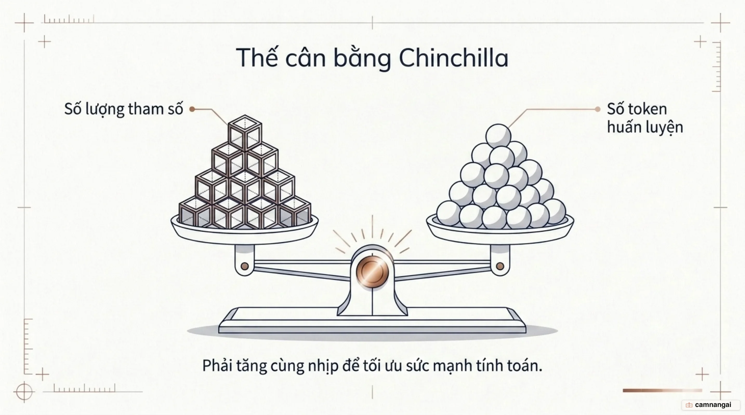 Thế cân bằng của định luật Chinchilla: số tham số và số token huấn luyện phải tăng cùng nhịp