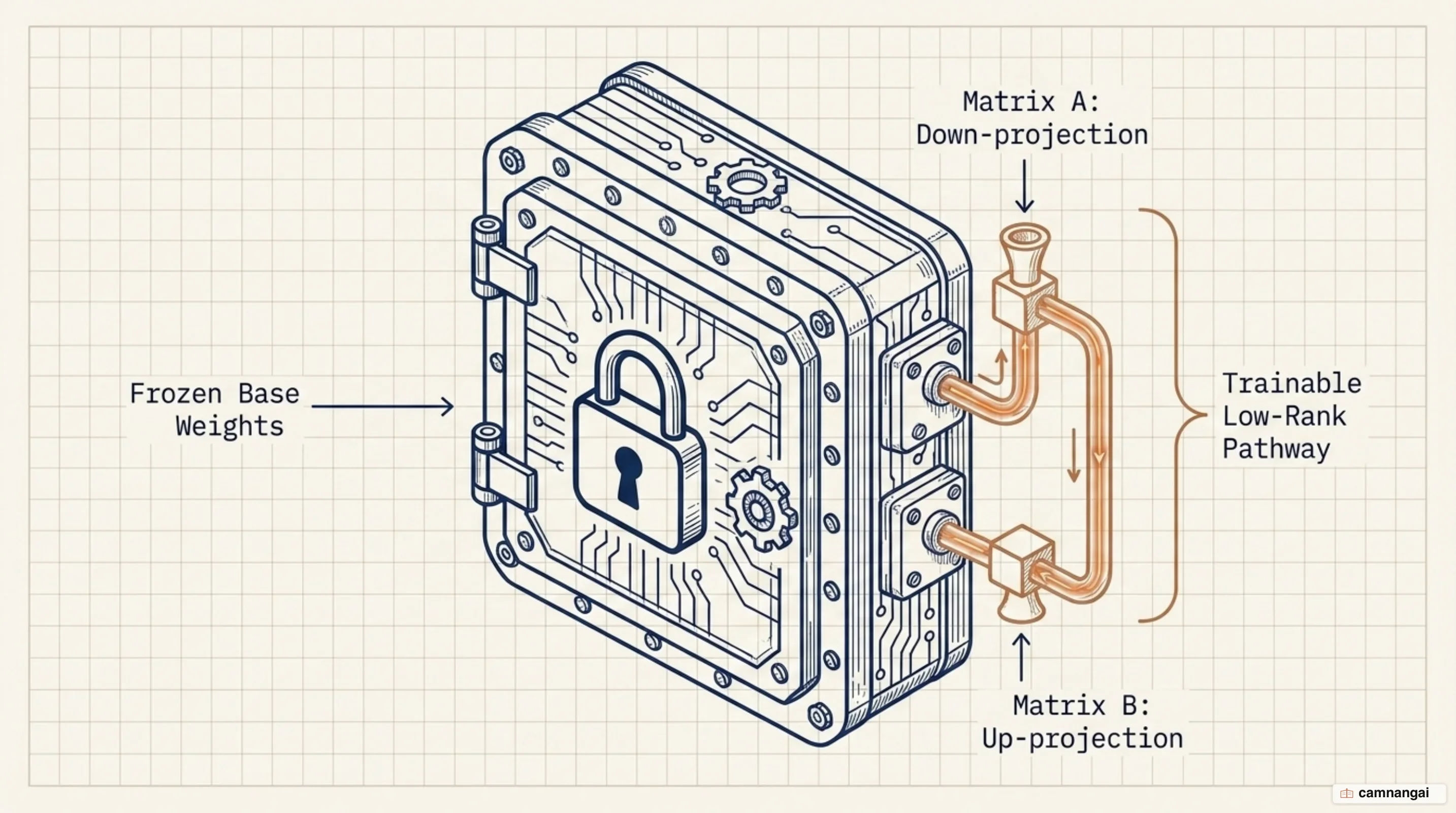 How LoRA works: the base weight block stays frozen while only two small low-rank matrices beside it are trained