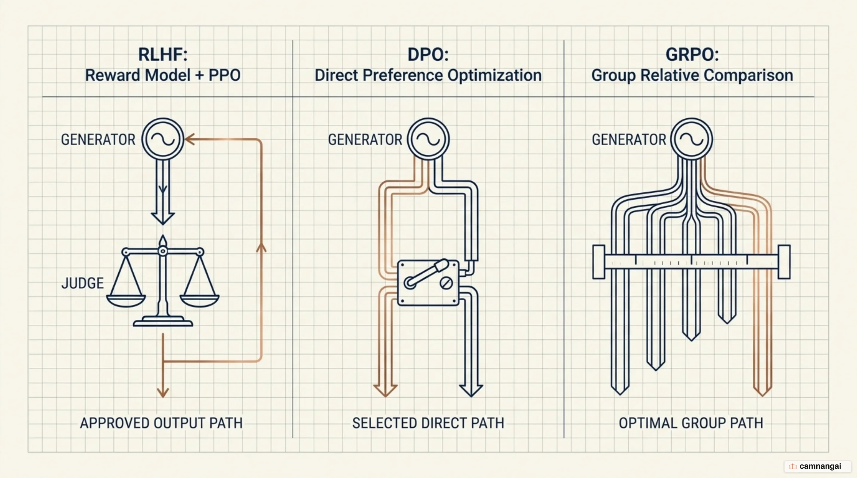 A comparison of three alignment methods: RLHF with a reward model and PPO, DPO without a reward model, and GRPO comparing a group of answers