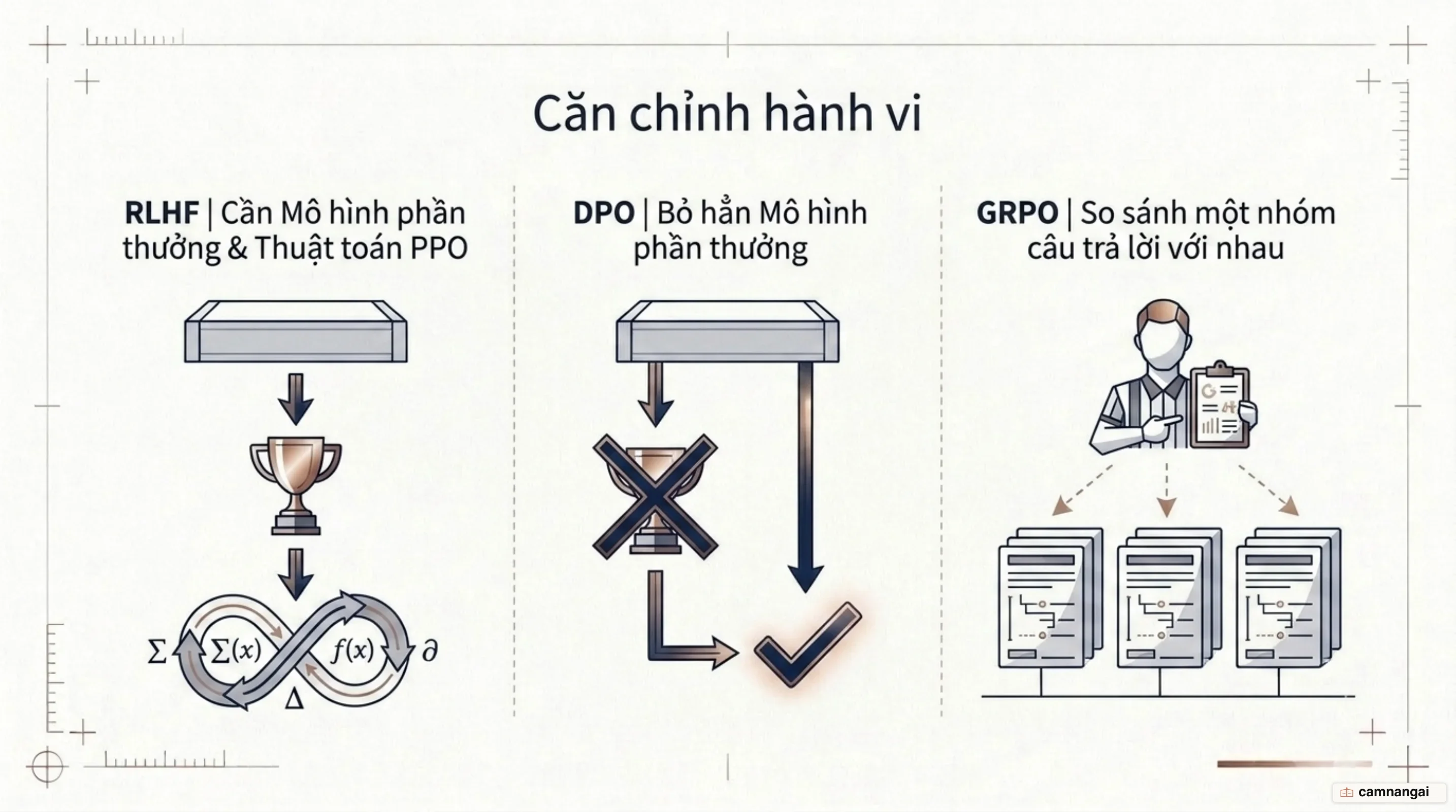 So sánh ba cách căn chỉnh mô hình: RLHF với mô hình phần thưởng và PPO, DPO bỏ mô hình phần thưởng, GRPO so sánh cả nhóm câu trả lời