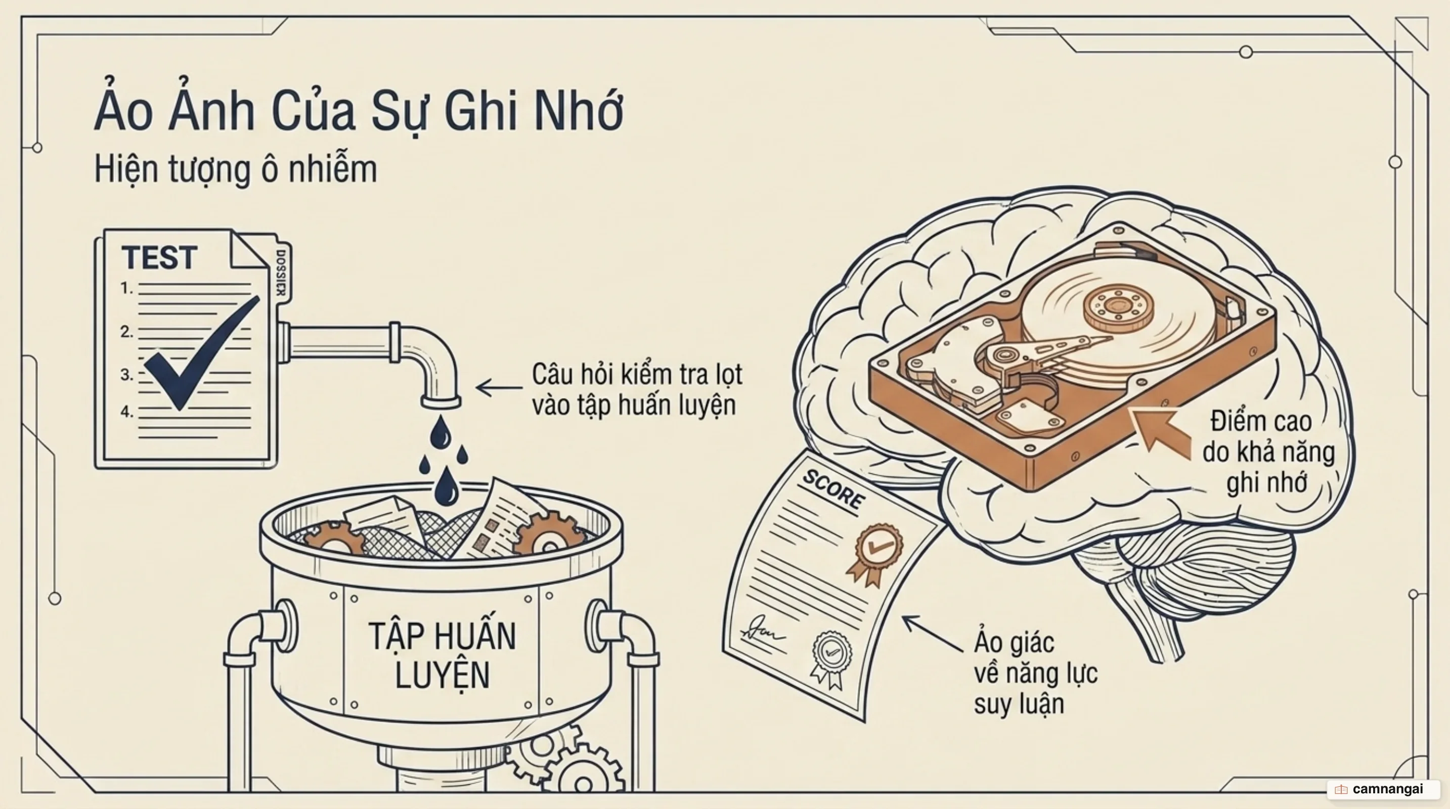 Ô nhiễm dữ liệu: câu hỏi của bài kiểm tra lọt vào tập huấn luyện khiến điểm số phản ánh trí nhớ thay vì năng lực suy luận