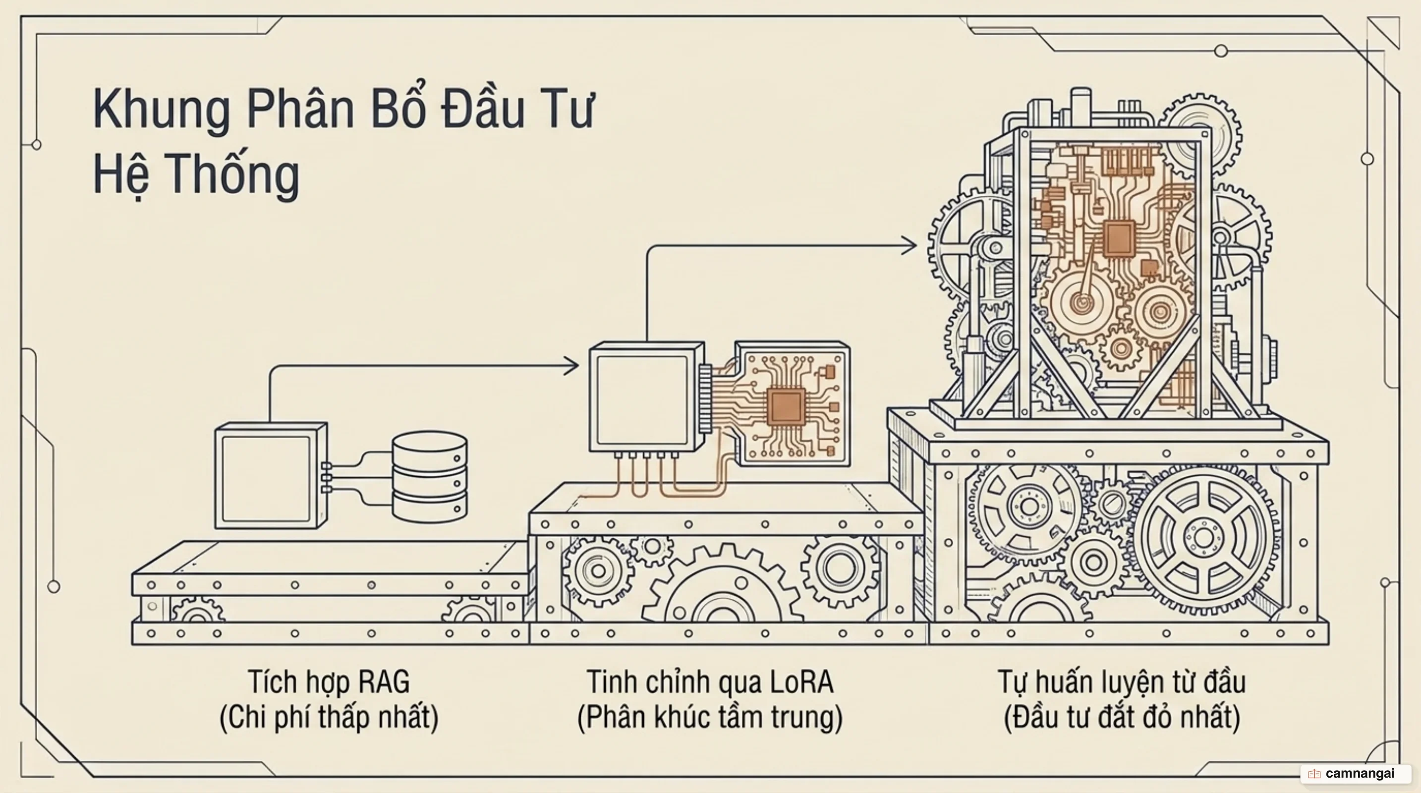Ba lựa chọn cho doanh nghiệp xếp từ rẻ tới đắt: RAG, tinh chỉnh bằng LoRA, và tự huấn luyện mô hình từ đầu