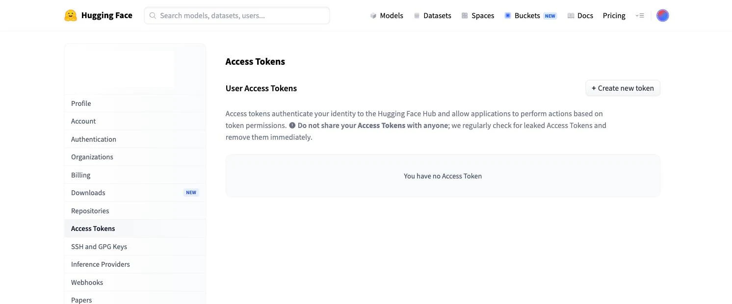 The Access Tokens page in Hugging Face account settings, where you create the personal token that authenticates your machine