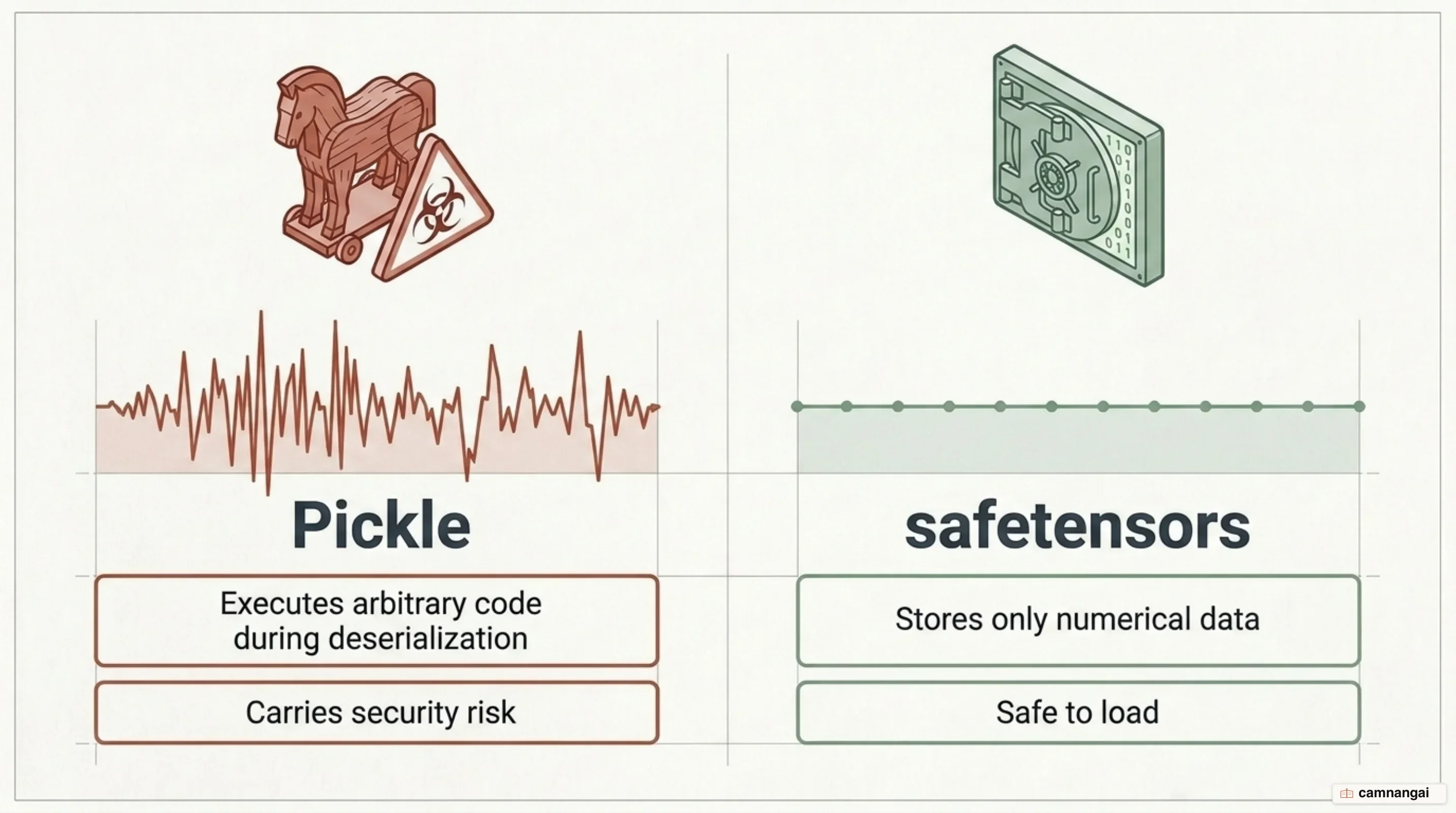 Two weight formats compared: Pickle executes code during deserialization, while safetensors holds numerical data only and stays safe