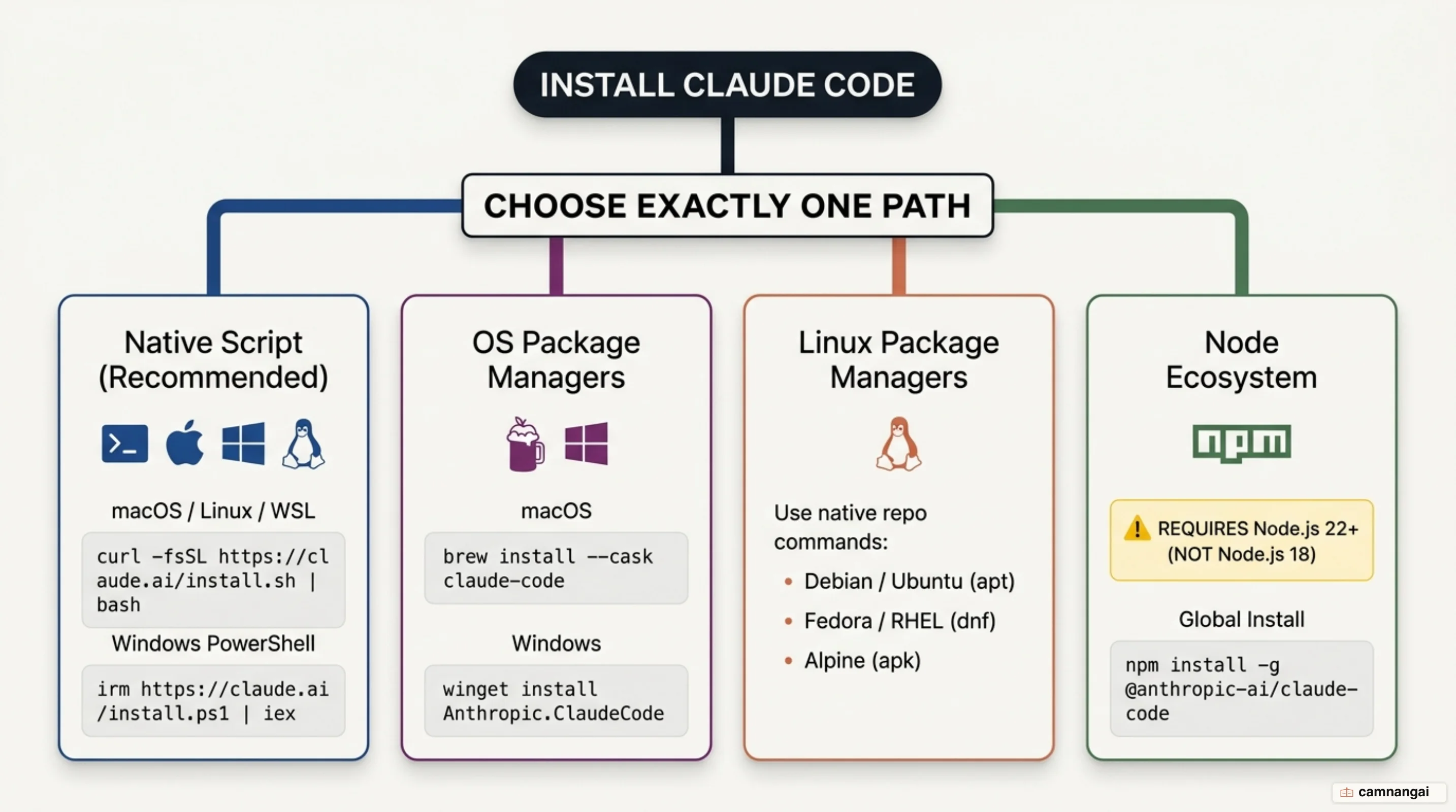 Four parallel ways to install Claude Code — the native install script, Homebrew or WinGet, a Linux package manager, and npm — where the reader picks a single branch