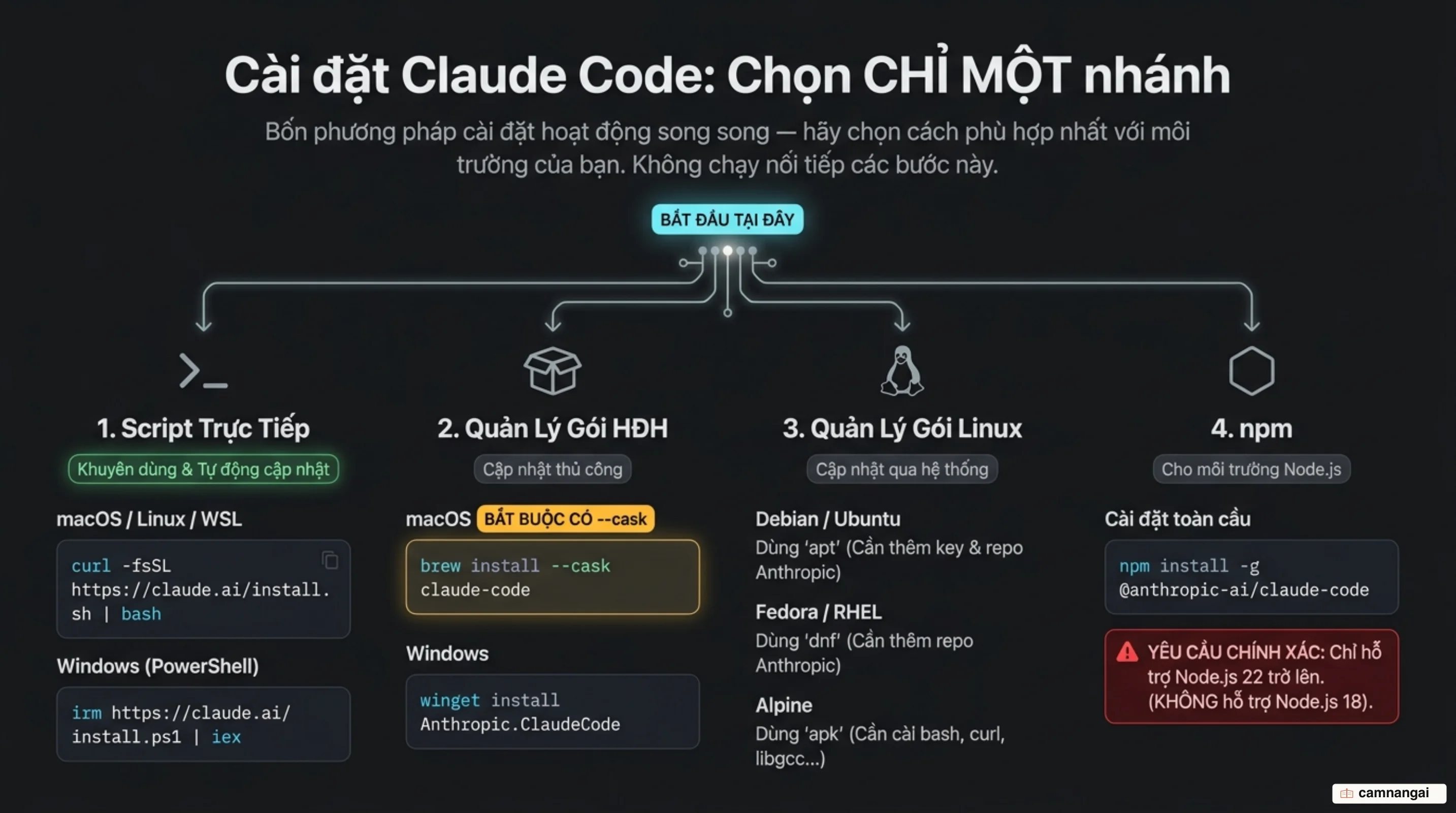 Bốn cách cài đặt Claude Code song song nhau — script cài trực tiếp, Homebrew hoặc WinGet, trình quản lý gói Linux, và npm — người đọc chỉ chọn một nhánh