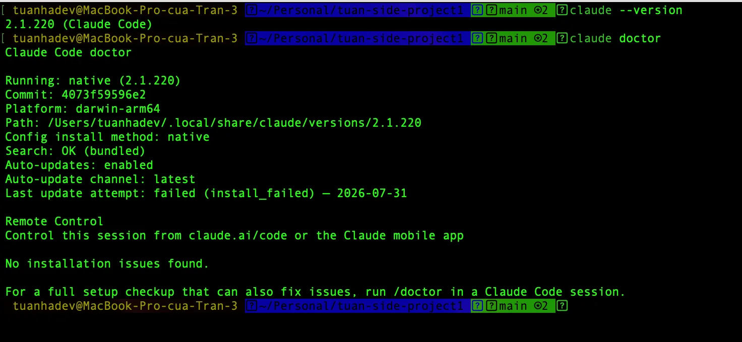 A terminal window showing the output of claude --version with its version number, alongside the diagnostics printed by claude doctor