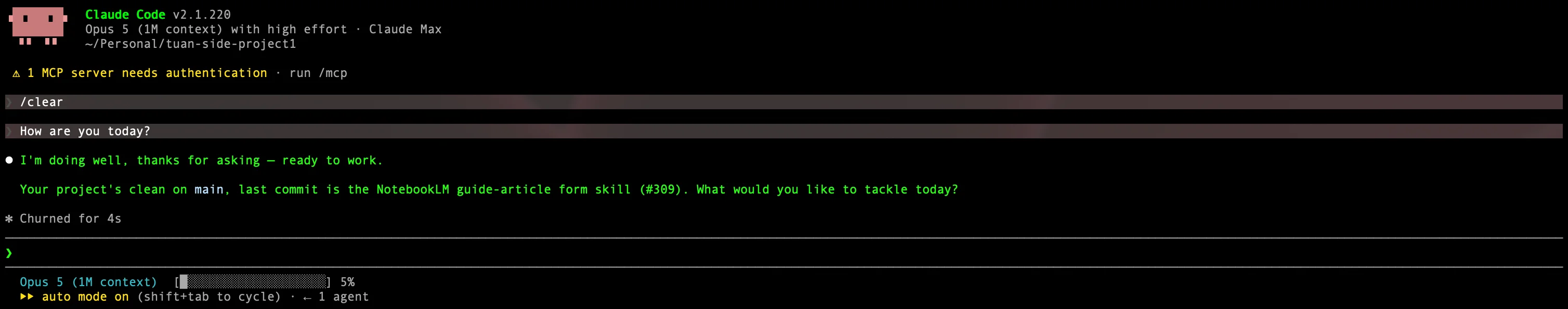 A Claude Code session in the terminal: the user types a request and Claude answers directly in the command line, with the status bar showing the model and permission mode
