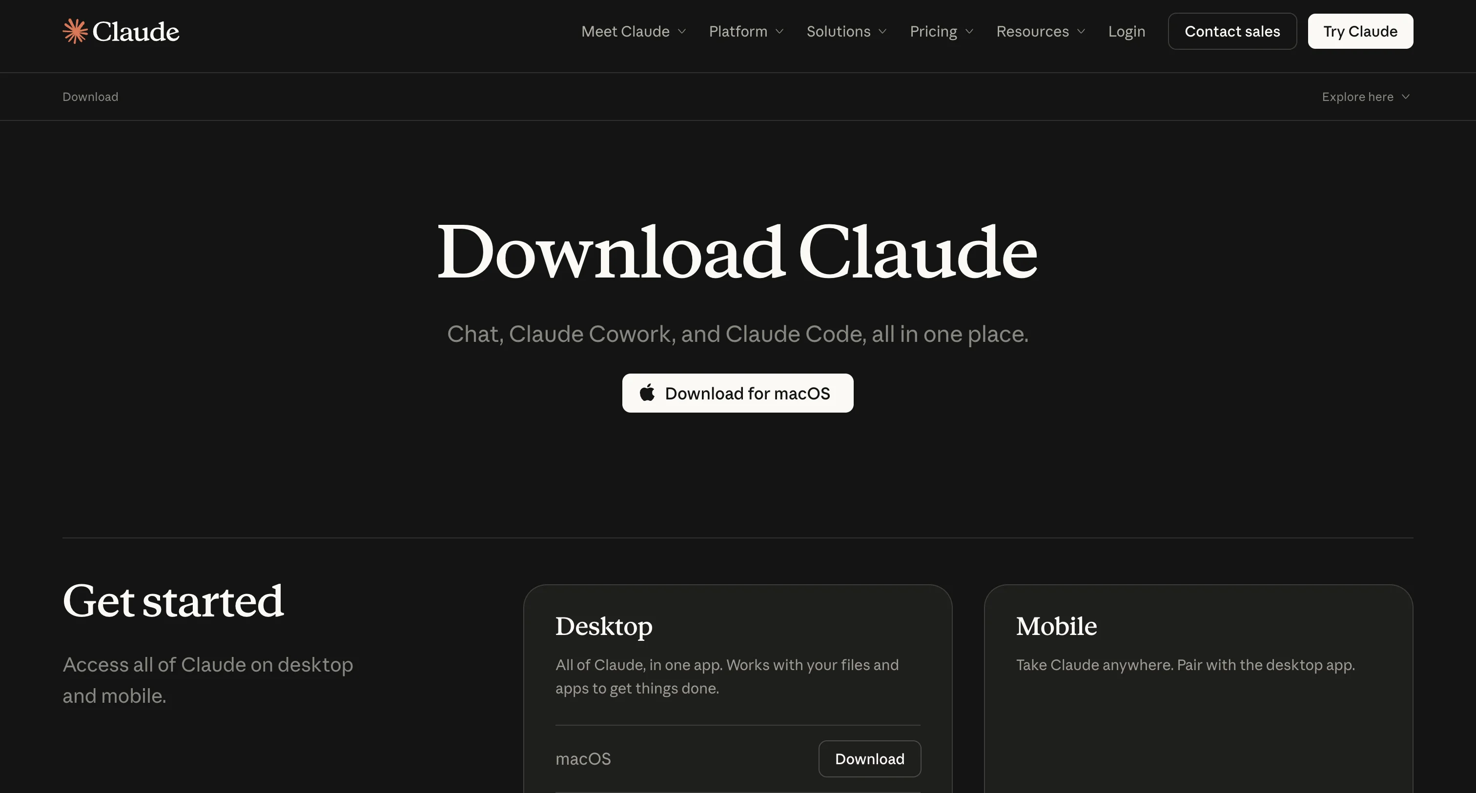 Trang tải xuống chính thức claude.com/download với nút "Download for macOS" và mục Get started cho Desktop và Mobile