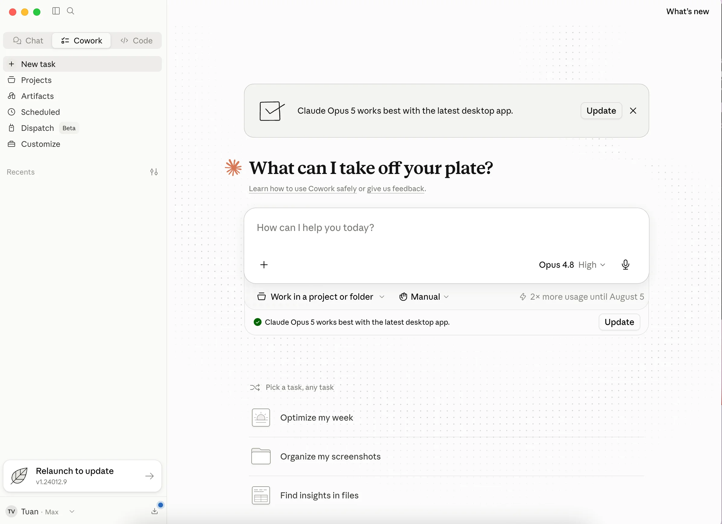 Thanh chọn Chat, Cowork và Code trong ứng dụng Claude trên macOS, với Cowork đang được chọn