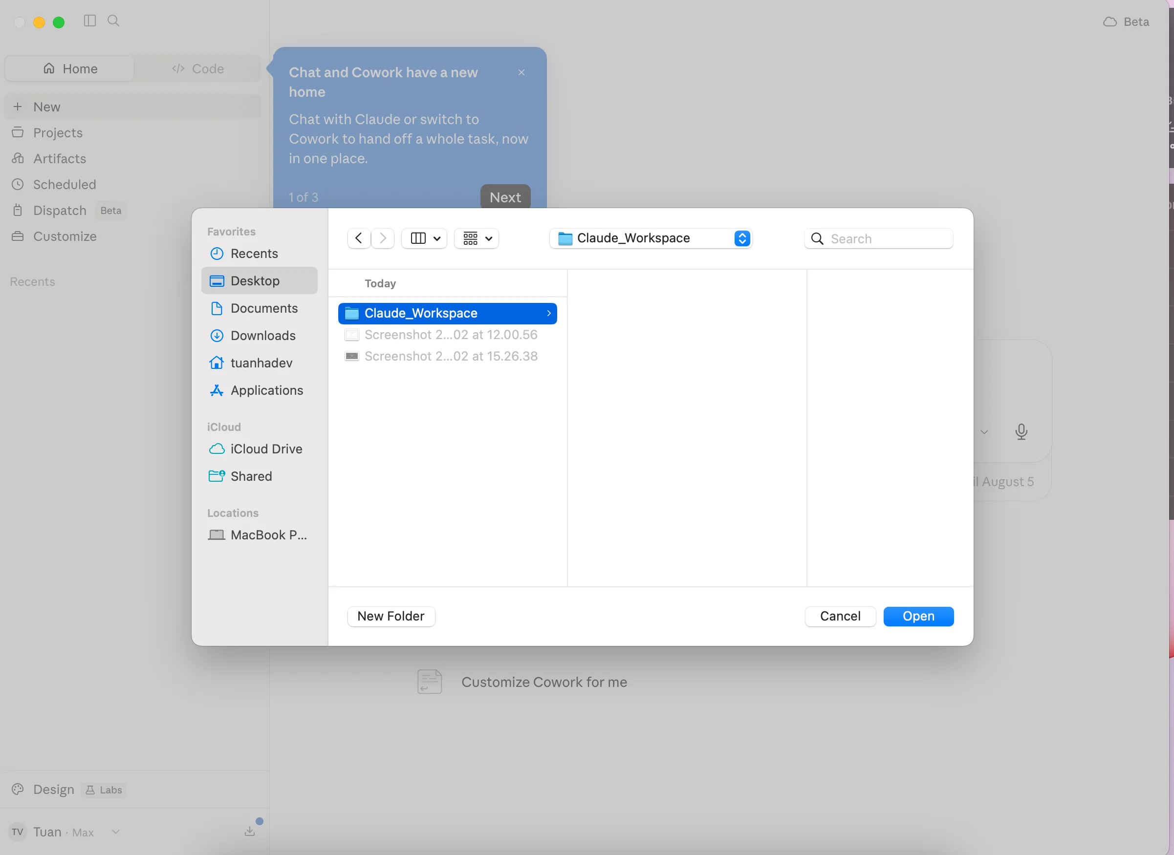 Hộp thoại chọn thư mục của macOS với thư mục Claude_Workspace đang được chọn, mở ra từ ứng dụng Claude