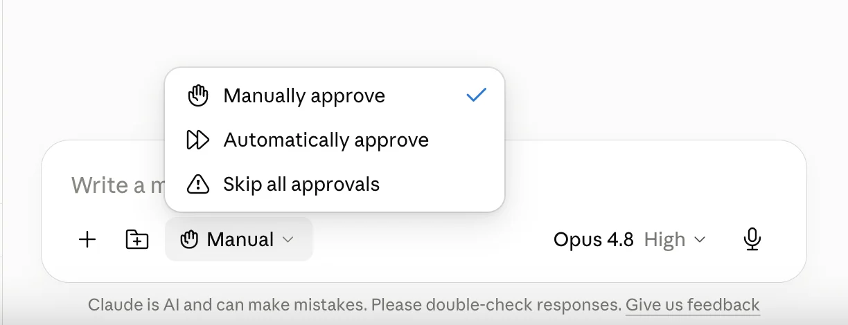 Trình chọn chế độ duyệt đang mở với ba lựa chọn: Manually approve, Automatically approve và Skip all approvals