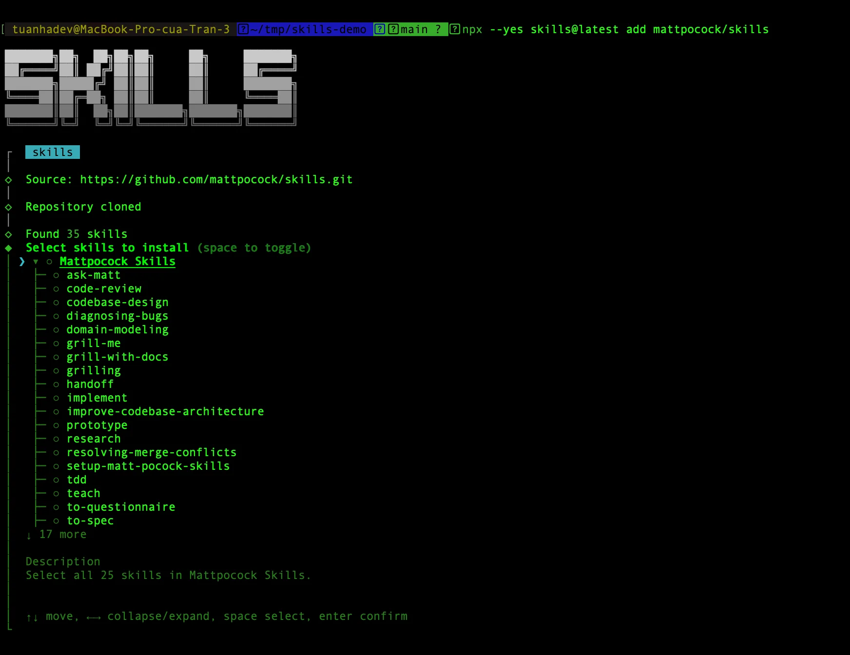 A terminal running npx skills add mattpocock/skills, showing the skill picker and the prompt asking how to link the files into your agent