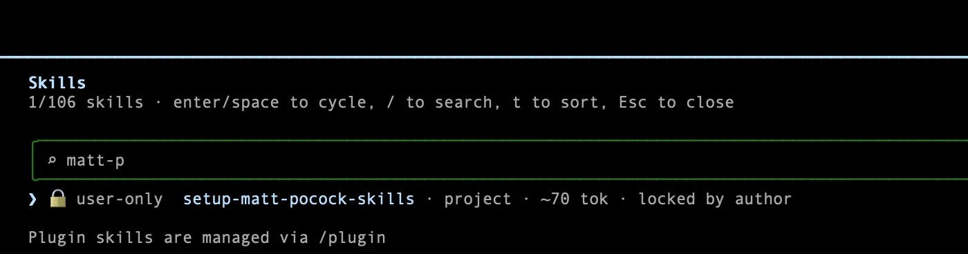 The /skills menu in a Claude Code session, filtered by typing matt-p and showing the loaded setup-matt-pocock-skills entry at project scope