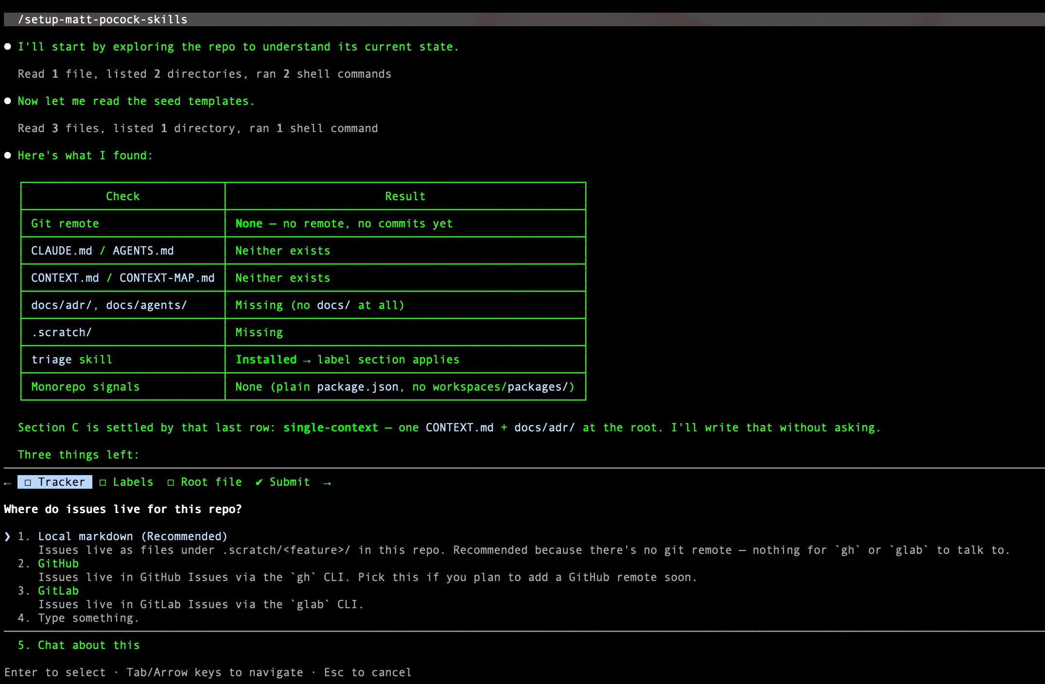 The setup-matt-pocock-skills skill running, asking you to pick an issue tracker between GitHub, GitLab and local Markdown