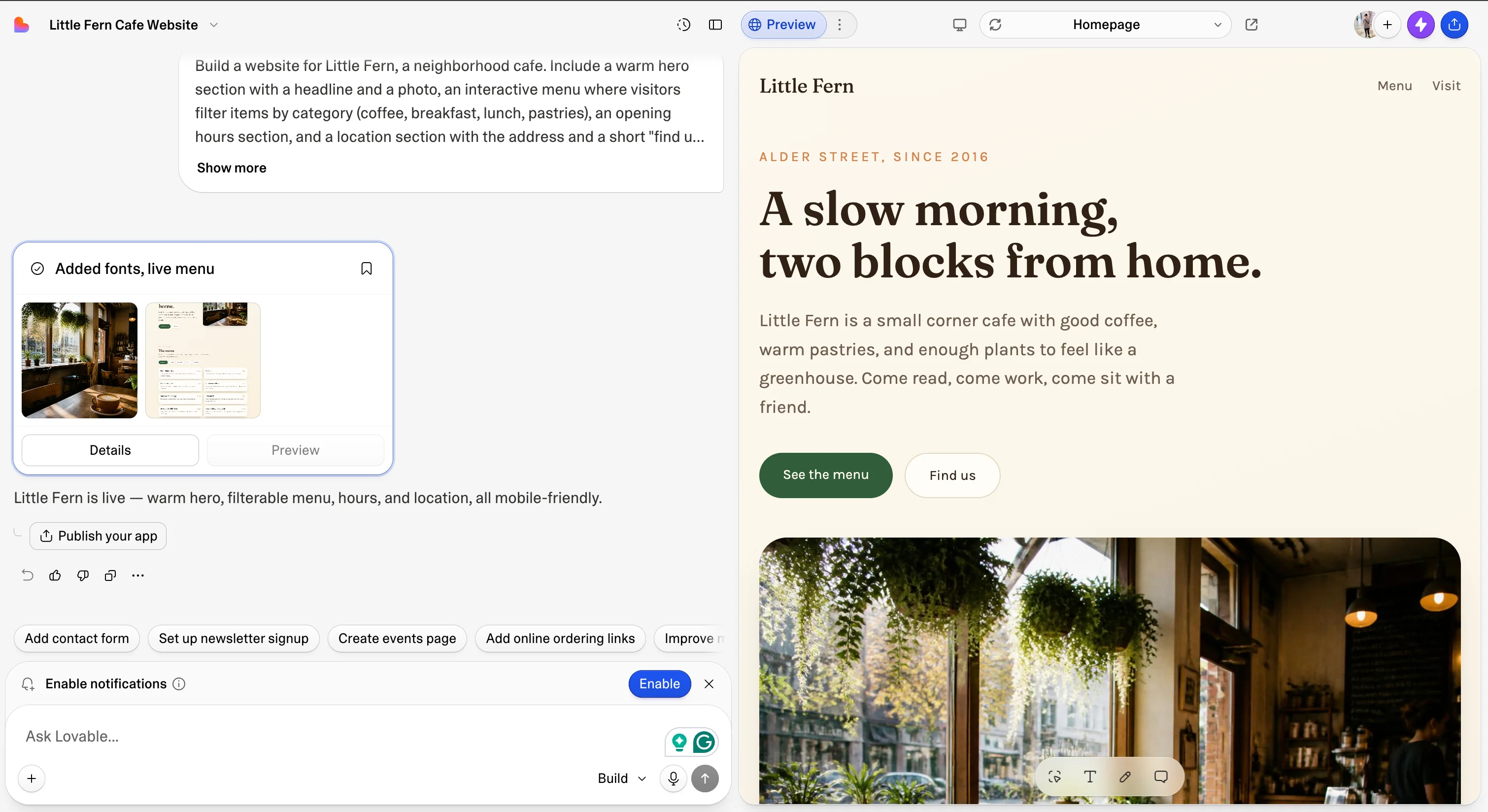 The Lovable editor: the chat panel on the left, the live app preview on the right
