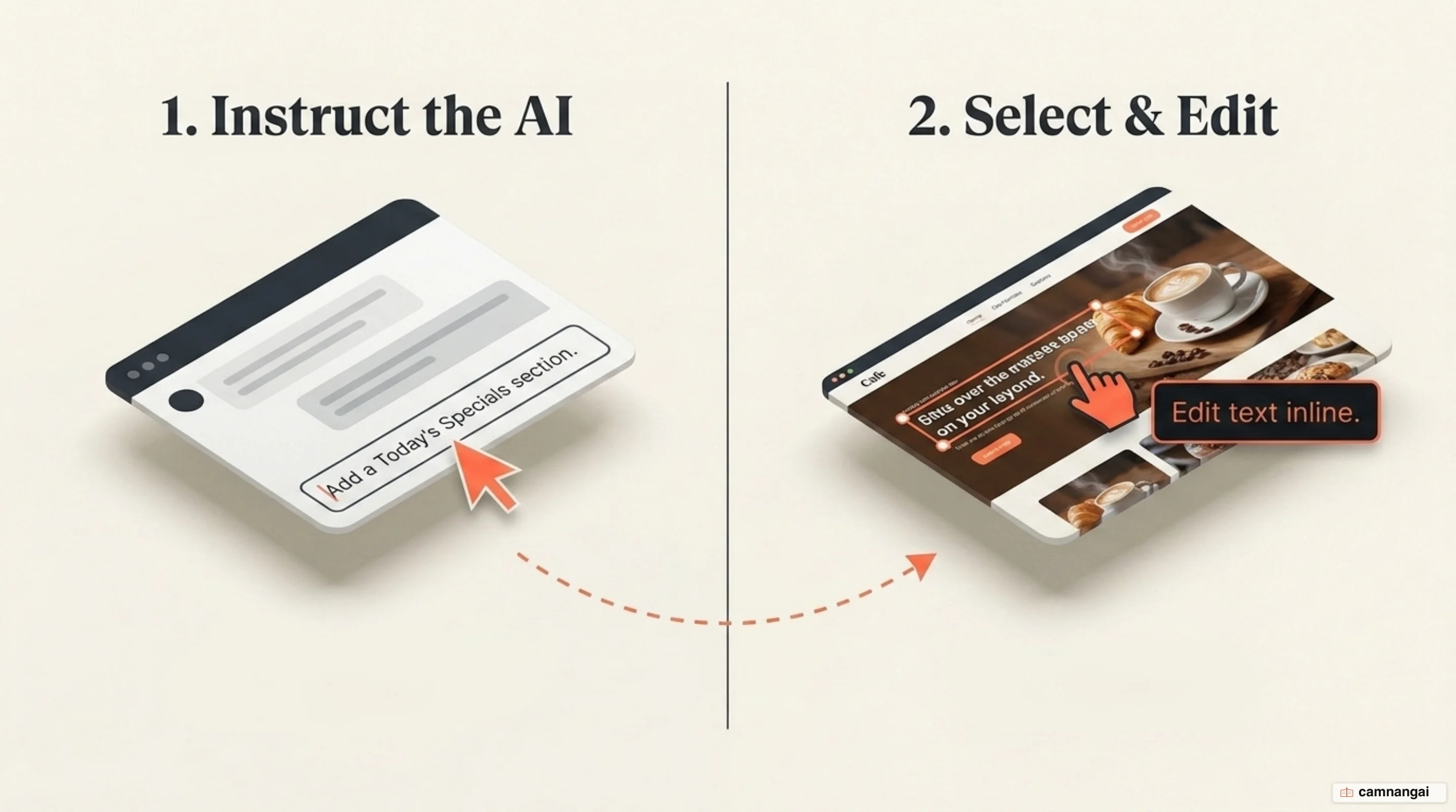 Two ways to make a change: instruct the AI through the chat panel, or select the element directly in the preview