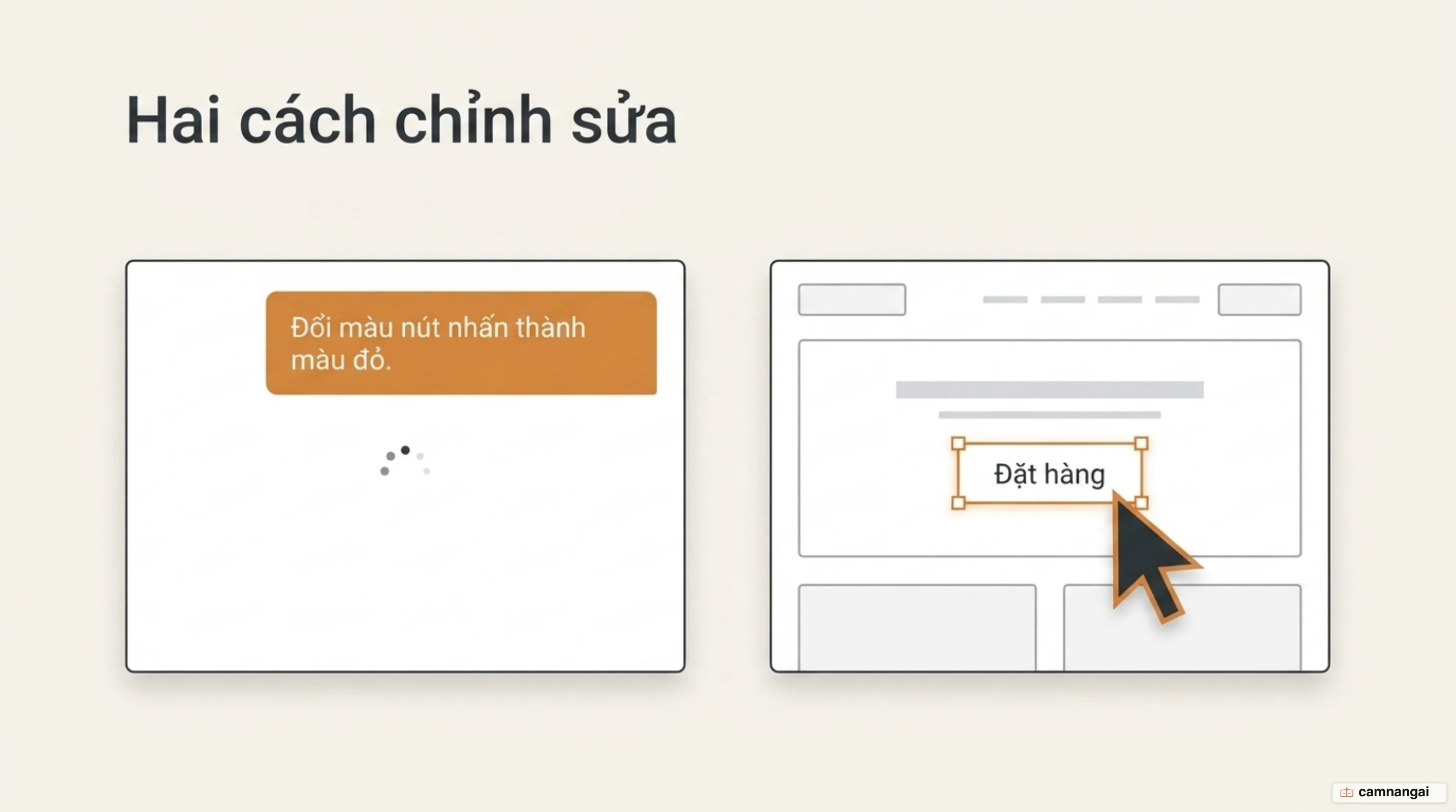 Hai cách sửa một thay đổi: ra lệnh qua khung chat, hoặc chọn thẳng phần tử trên giao diện xem trước