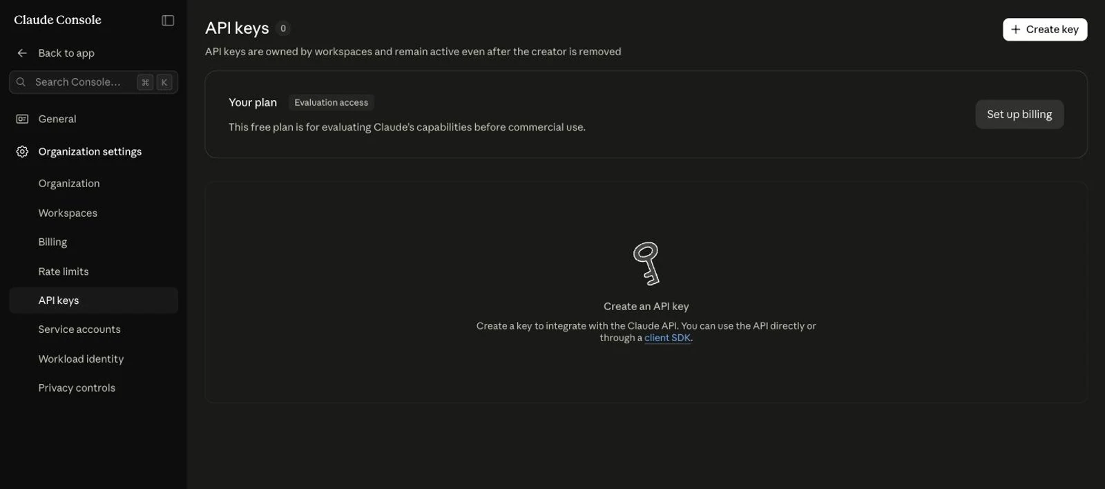 The provider console page where you create a new API key for the project