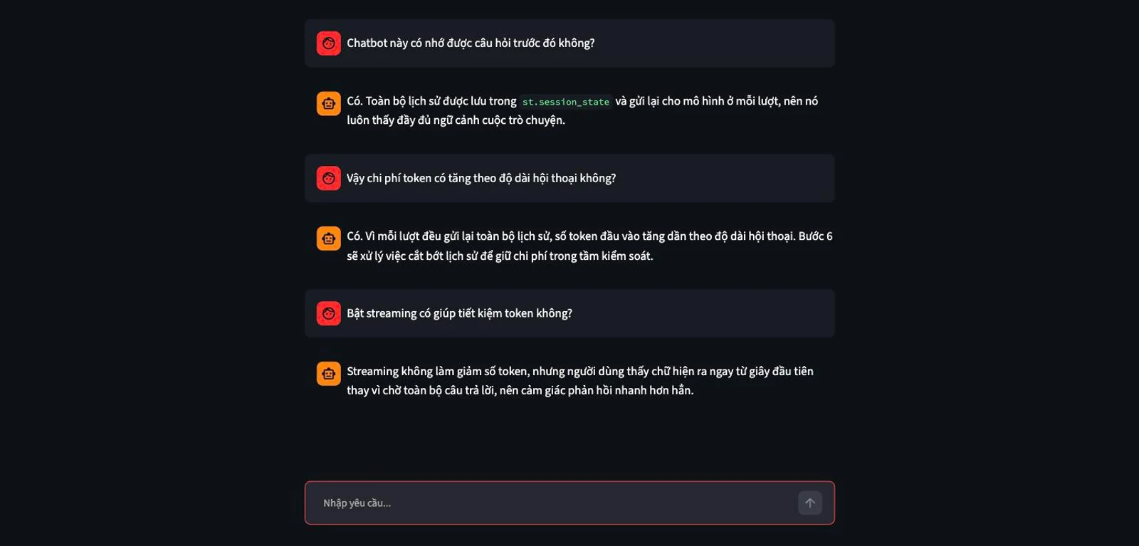 Giao diện chat Streamlit đang chạy trên trình duyệt với lịch sử hội thoại