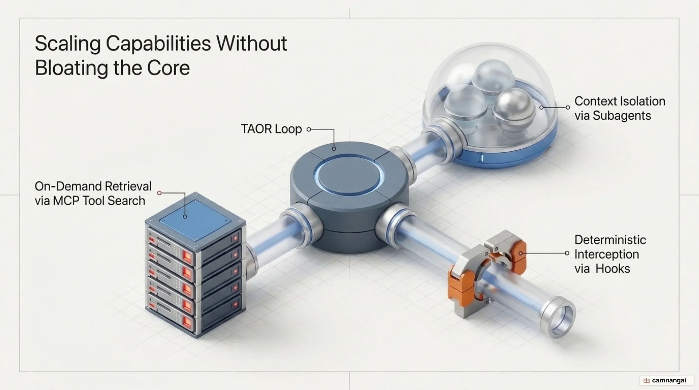 Extensibility architecture showing subagent isolation, lifecycle hooks, and MCP
