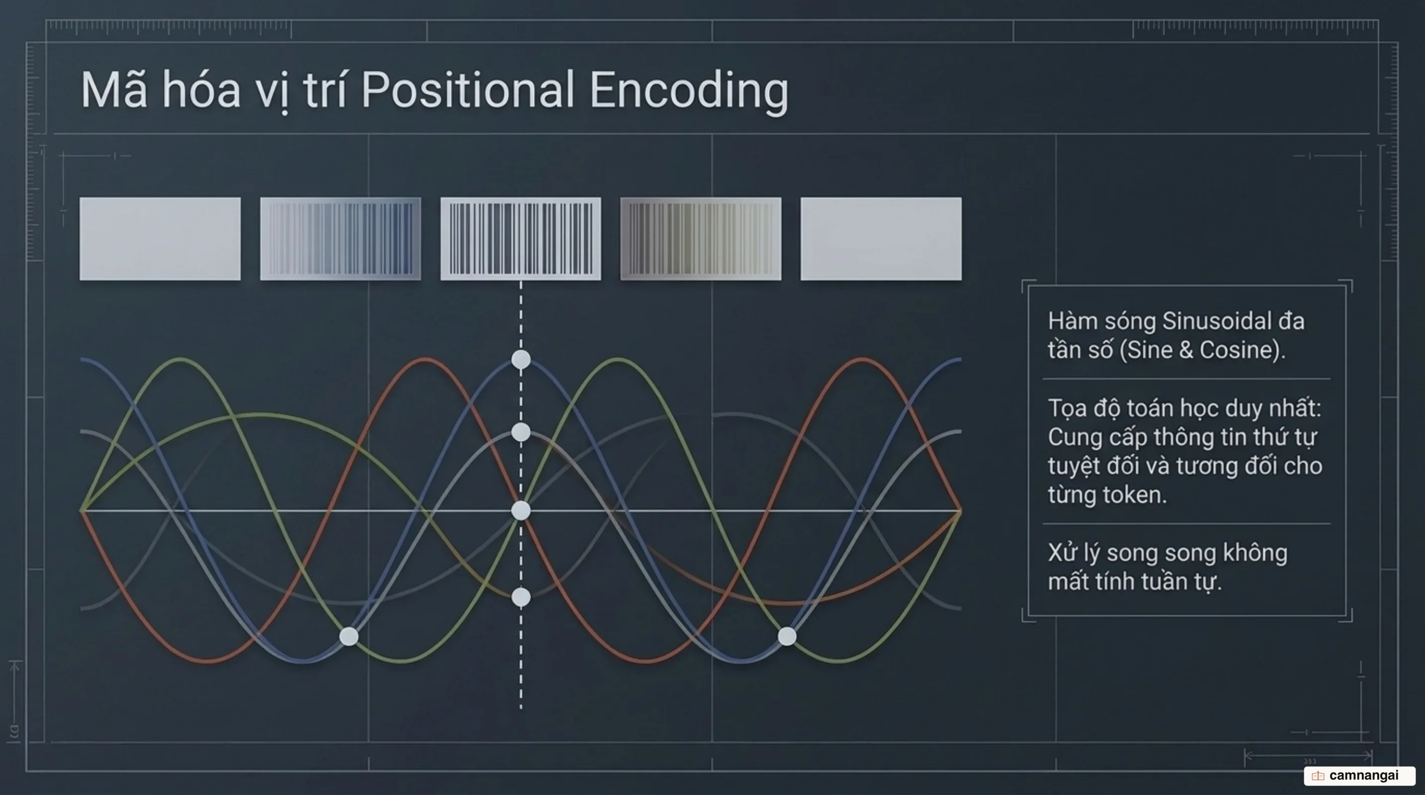 Biểu diễn hàm sóng Sinusoidal đa tần số trong mã hóa vị trí Positional Encoding