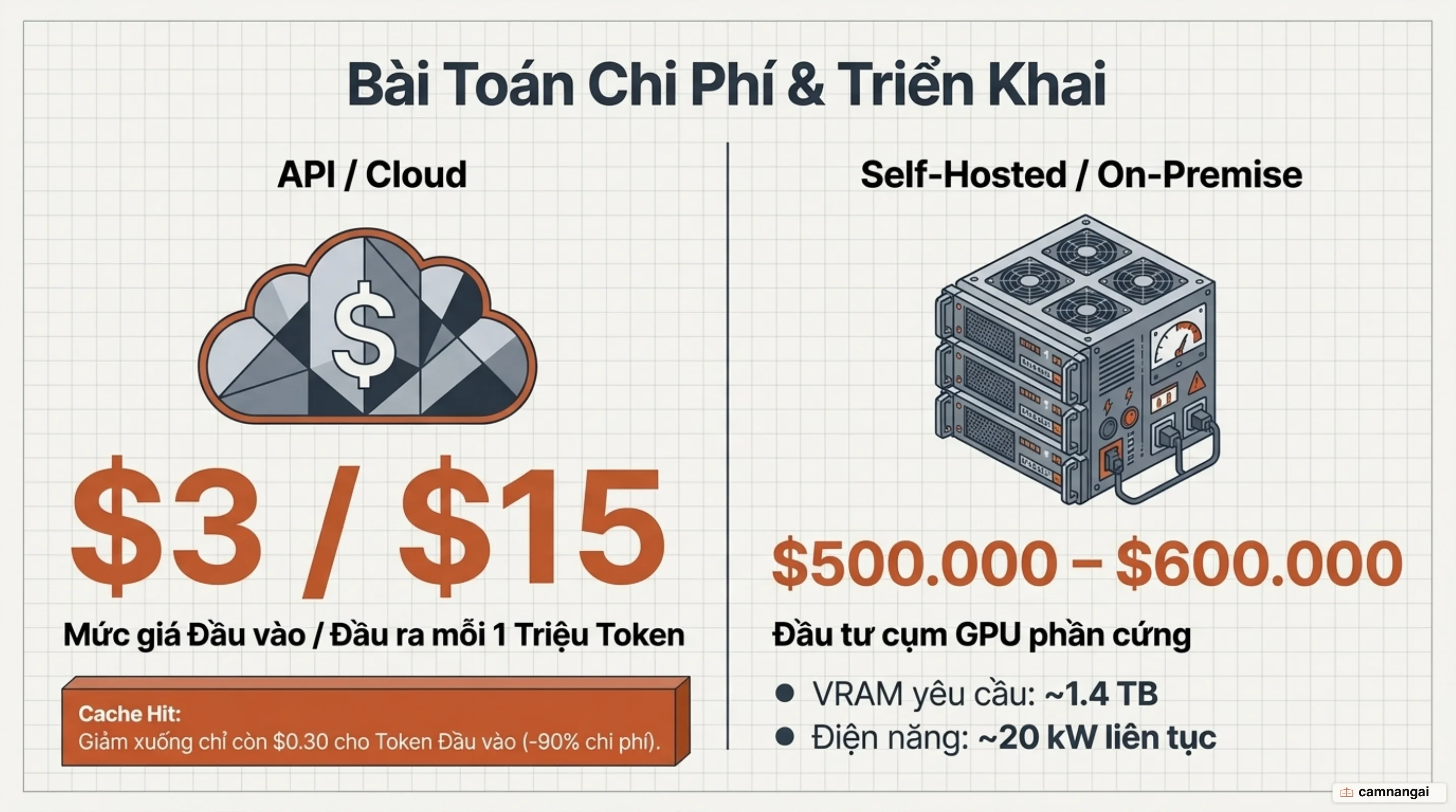 So sánh chi phí dùng API Kimi K3 ($3/$15 mỗi triệu token) với chi phí tự vận hành mô hình trên hạ tầng riêng