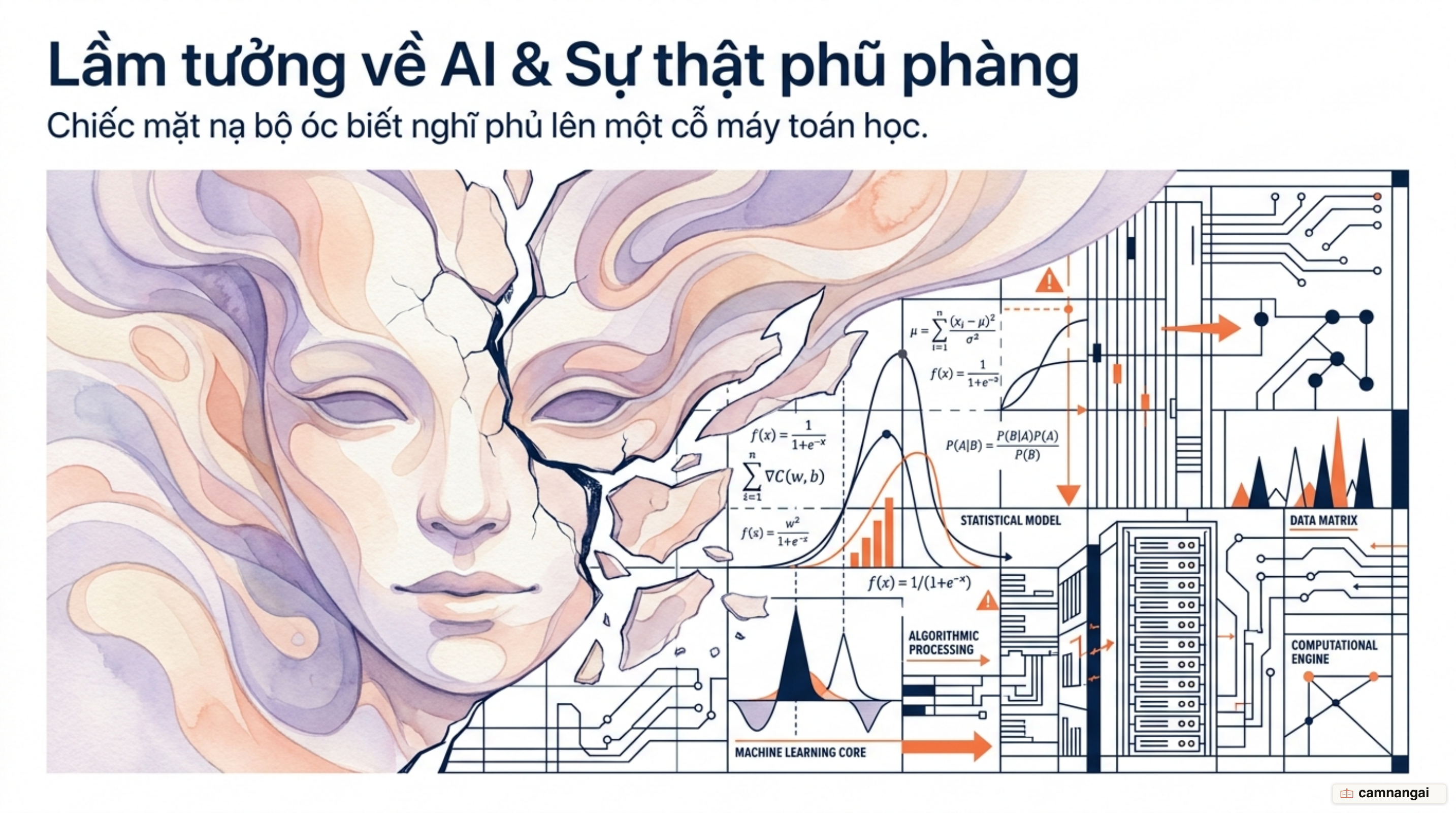 Chiếc mặt nạ "bộ óc biết nghĩ" phủ lên một cỗ máy toán học — lầm tưởng về AI đối lập với sự thật