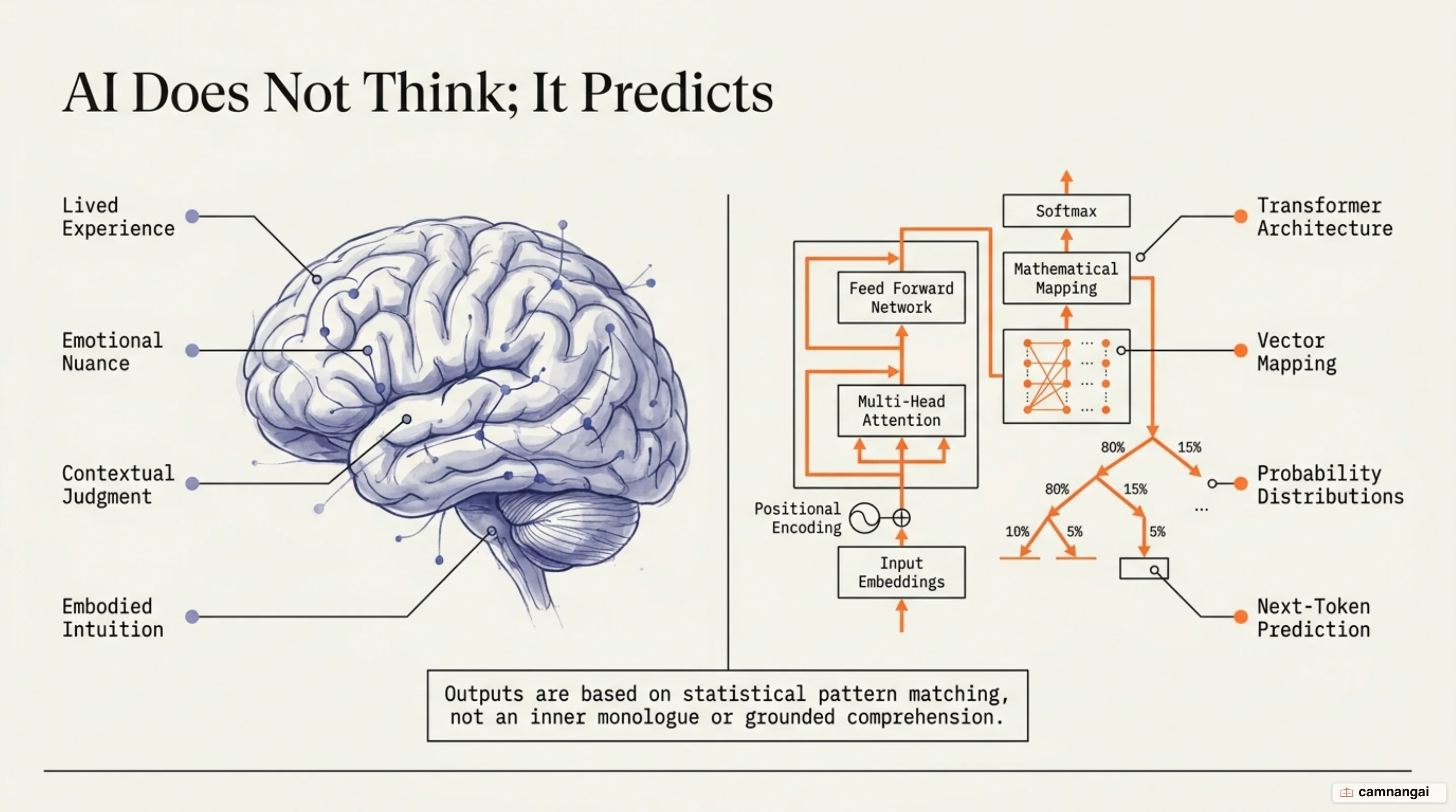 The biological brain compared with an LLM that only predicts the next token by probability