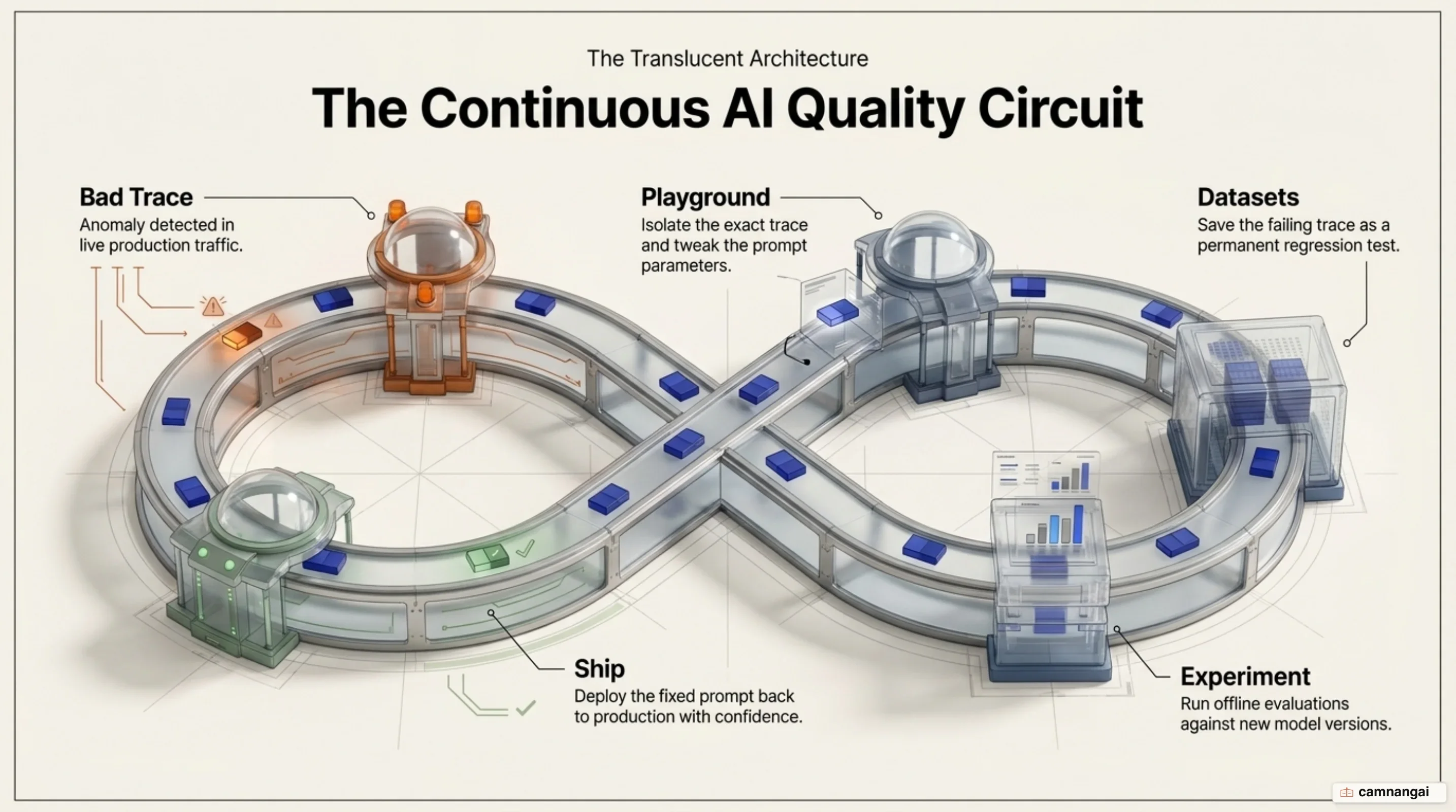 The quality loop: a bad trace goes to the playground, is saved into a dataset, run as an experiment, then shipped