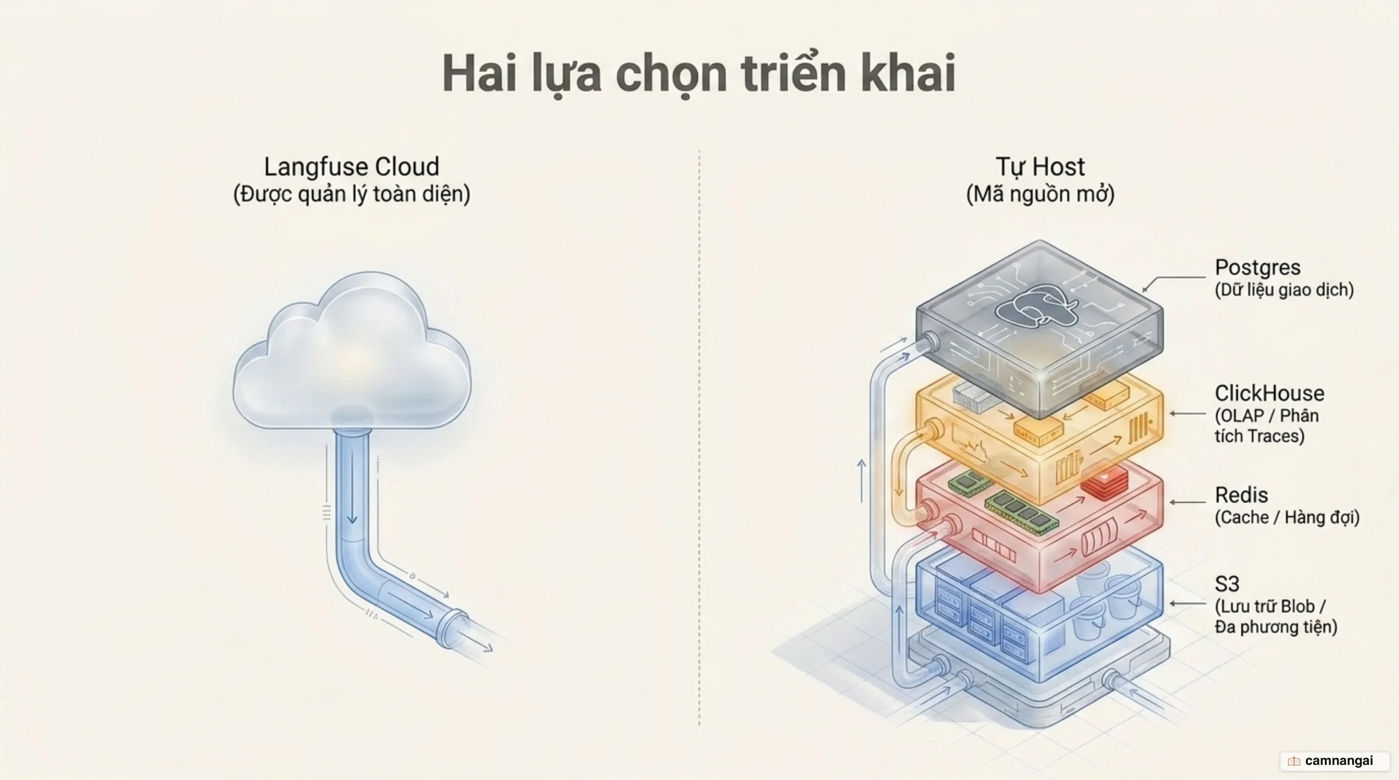Hai lựa chọn triển khai Langfuse: bản cloud do Langfuse vận hành và bản tự host trên stack Postgres, ClickHouse, Redis và S3