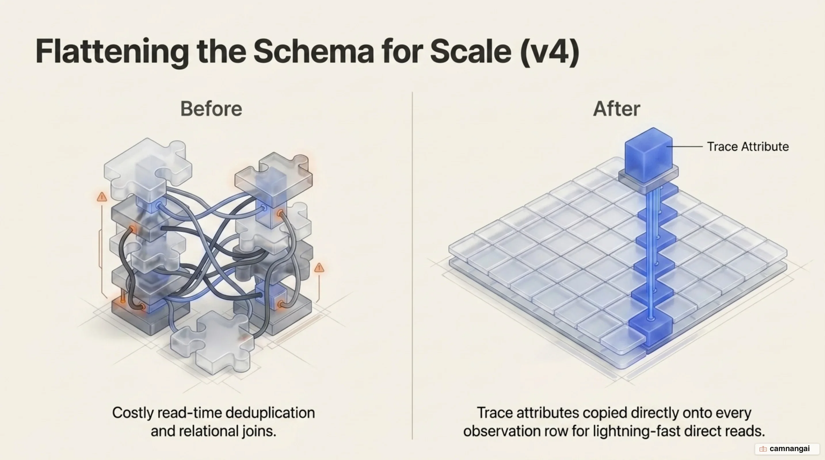 What changed in v4: costly read-time joins before, trace attributes now sitting on every observation row