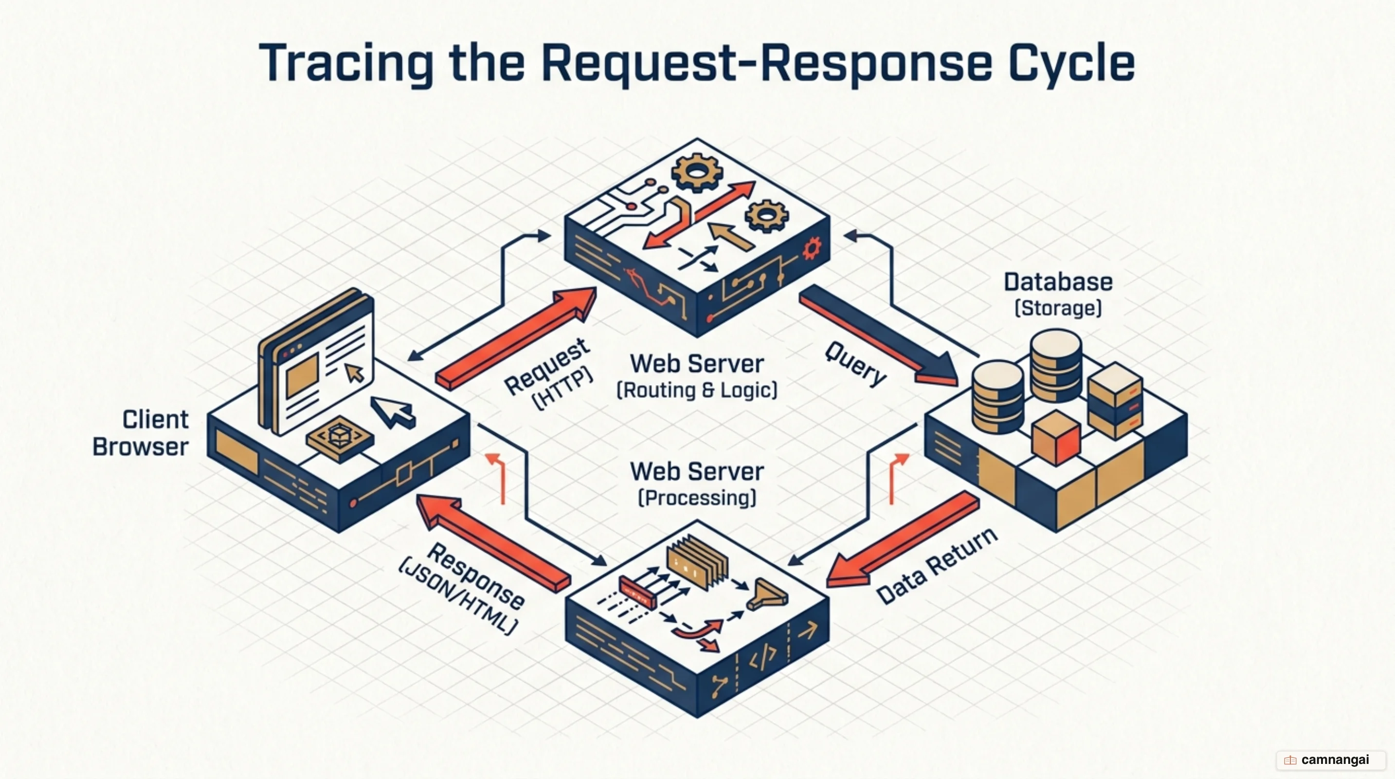 The path of a request: from the browser to the server, querying the database, then returning a response